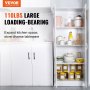 VEVOR pantry cabinet with multiple shelves, storing jars, plates, and kitchen appliances in white kitchen.