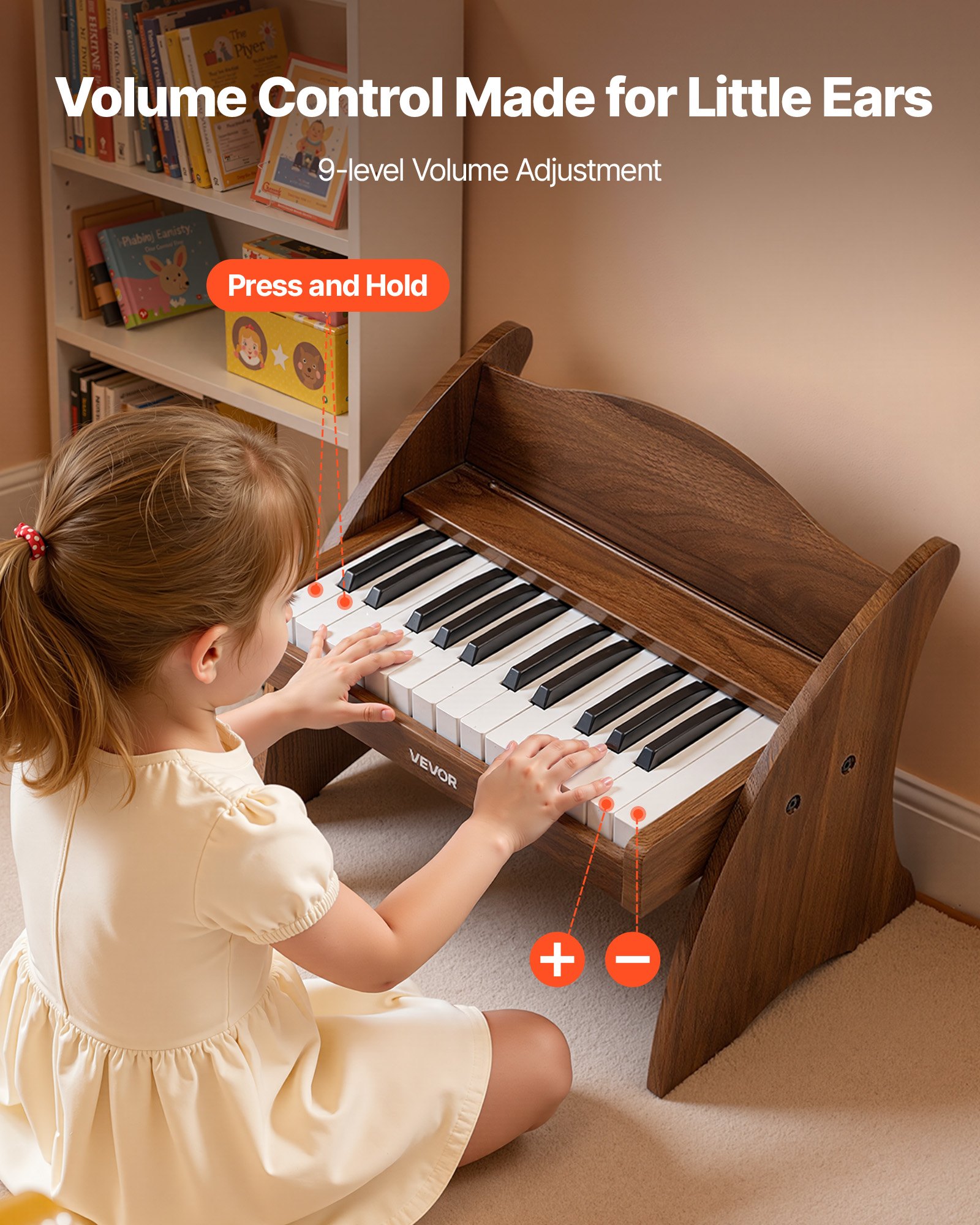 VEVOR Kinderkeyboard, 25 toetsen, elektrische piano, houten piano voor kinderen vanaf 3 jaar, muzikaal speelgoed met realistisch geluid, dubbele voeding, regelbaar volume, vroege muzikale ontwikkeling, walnoothout