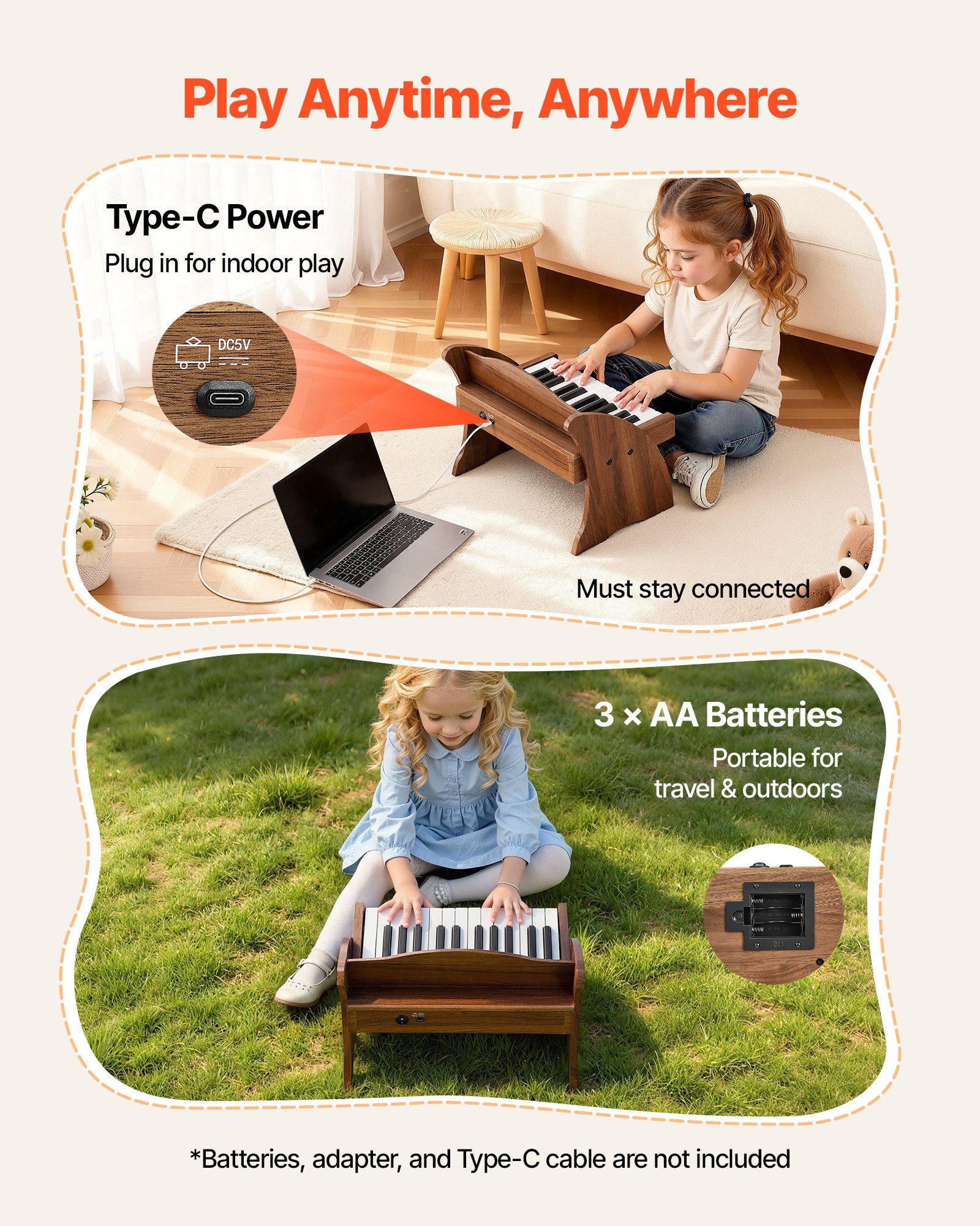 VEVOR Kinderkeyboard, 25 toetsen, elektrische piano, houten piano voor kinderen vanaf 3 jaar, muzikaal speelgoed met realistisch geluid, dubbele voeding, regelbaar volume, vroege muzikale ontwikkeling, walnoothout