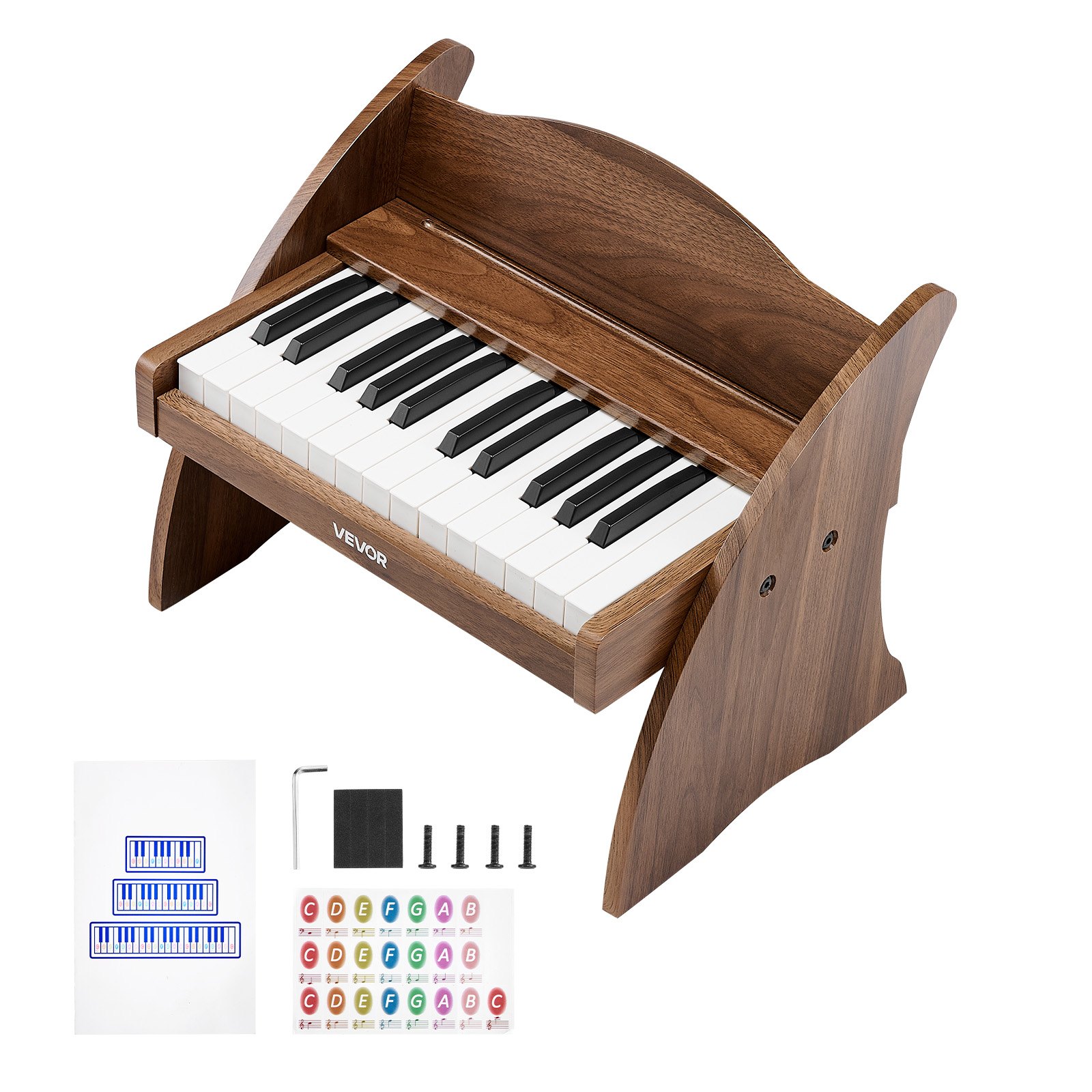 VEVOR Kinderkeyboard, 25 toetsen, elektrische piano, houten piano voor kinderen vanaf 3 jaar, muzikaal speelgoed met realistisch geluid, dubbele voeding, regelbaar volume, vroege muzikale ontwikkeling, walnoothout