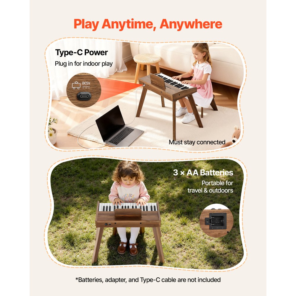 VEVOR Kinderkeyboard, 37 toetsen, houten digitale piano voor kinderen vanaf 3 jaar, mini muziekinstrumentenset met krukje, realistisch geluid, dubbele voeding, regelbaar volume, walnoot