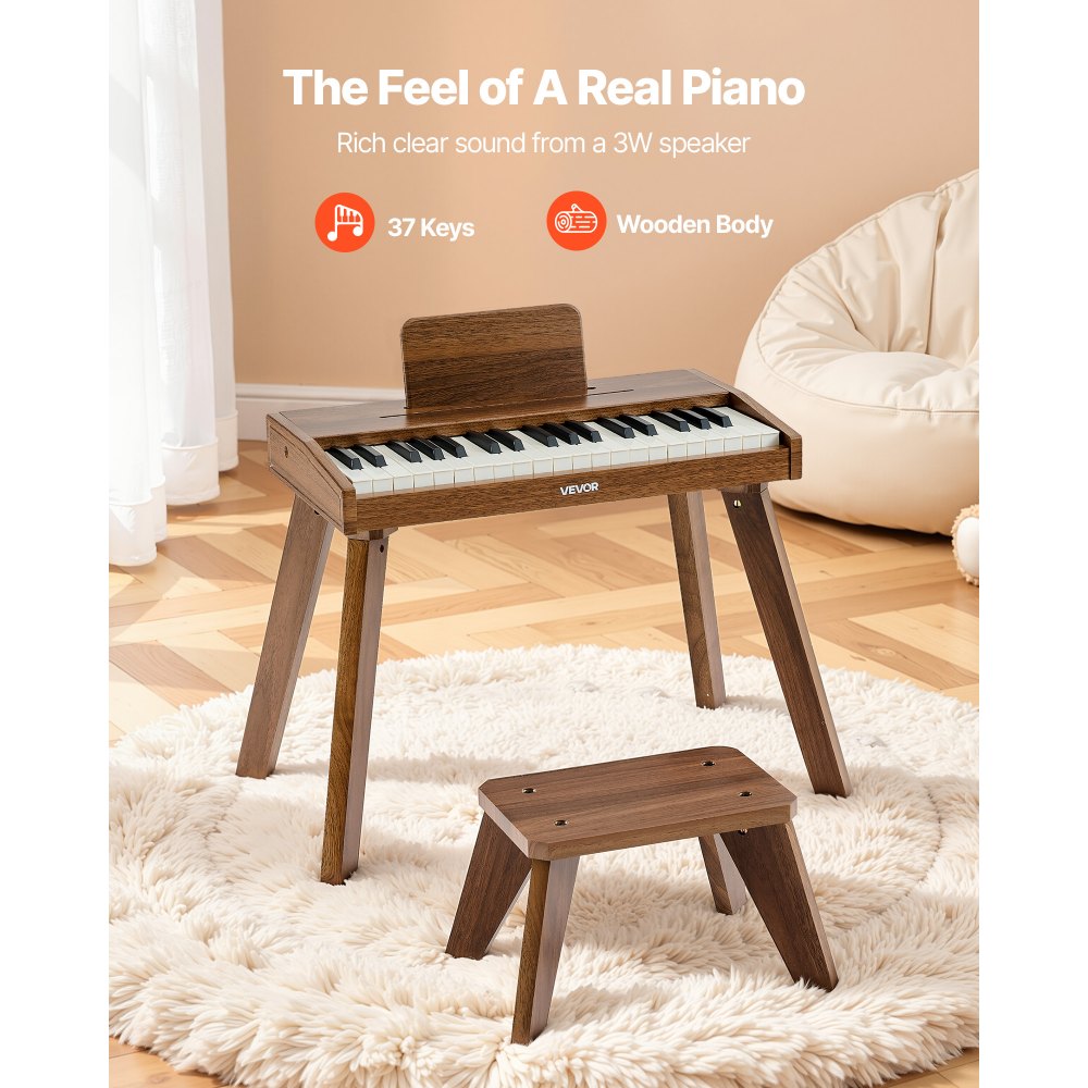VEVOR Kinderkeyboard, 37 toetsen, houten digitale piano voor kinderen vanaf 3 jaar, mini muziekinstrumentenset met krukje, realistisch geluid, dubbele voeding, regelbaar volume, walnoot
