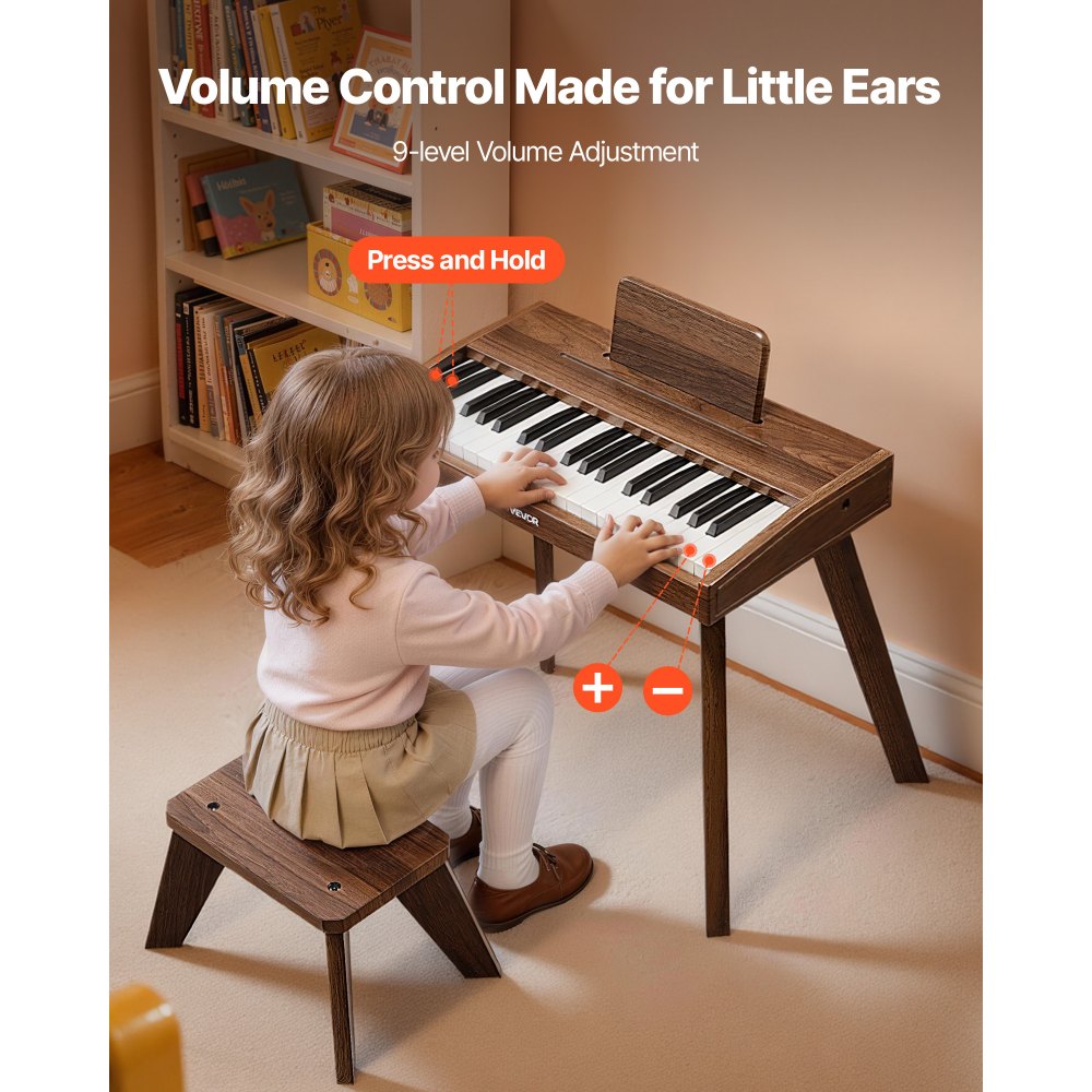 VEVOR Kinderkeyboard, 37 toetsen, houten digitale piano voor kinderen vanaf 3 jaar, mini muziekinstrumentenset met krukje, realistisch geluid, dubbele voeding, regelbaar volume, walnoot