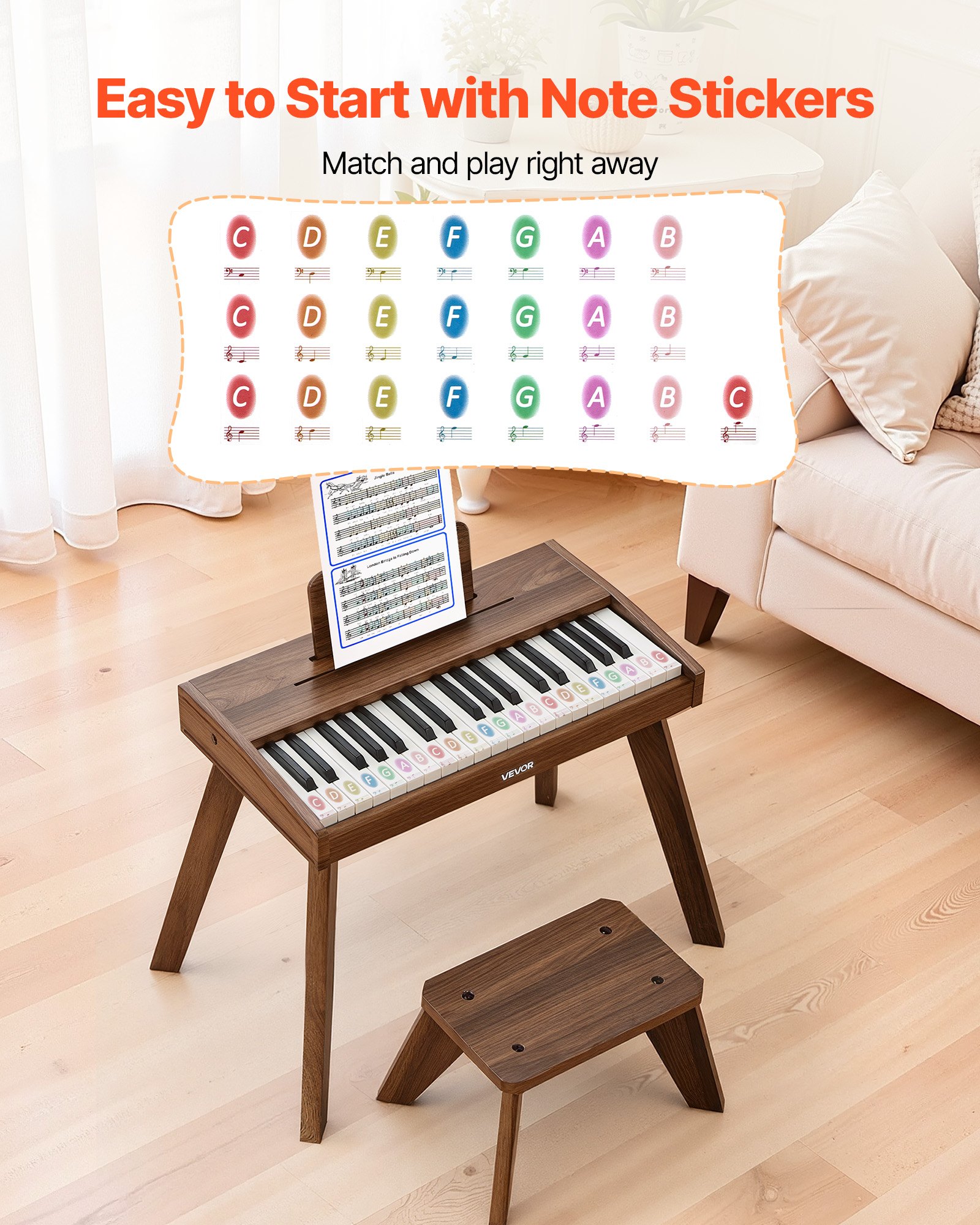 VEVOR Kinderkeyboard, 37 toetsen, houten digitale piano voor kinderen vanaf 3 jaar, mini muziekinstrumentenset met krukje, realistisch geluid, dubbele voeding, regelbaar volume, walnoot