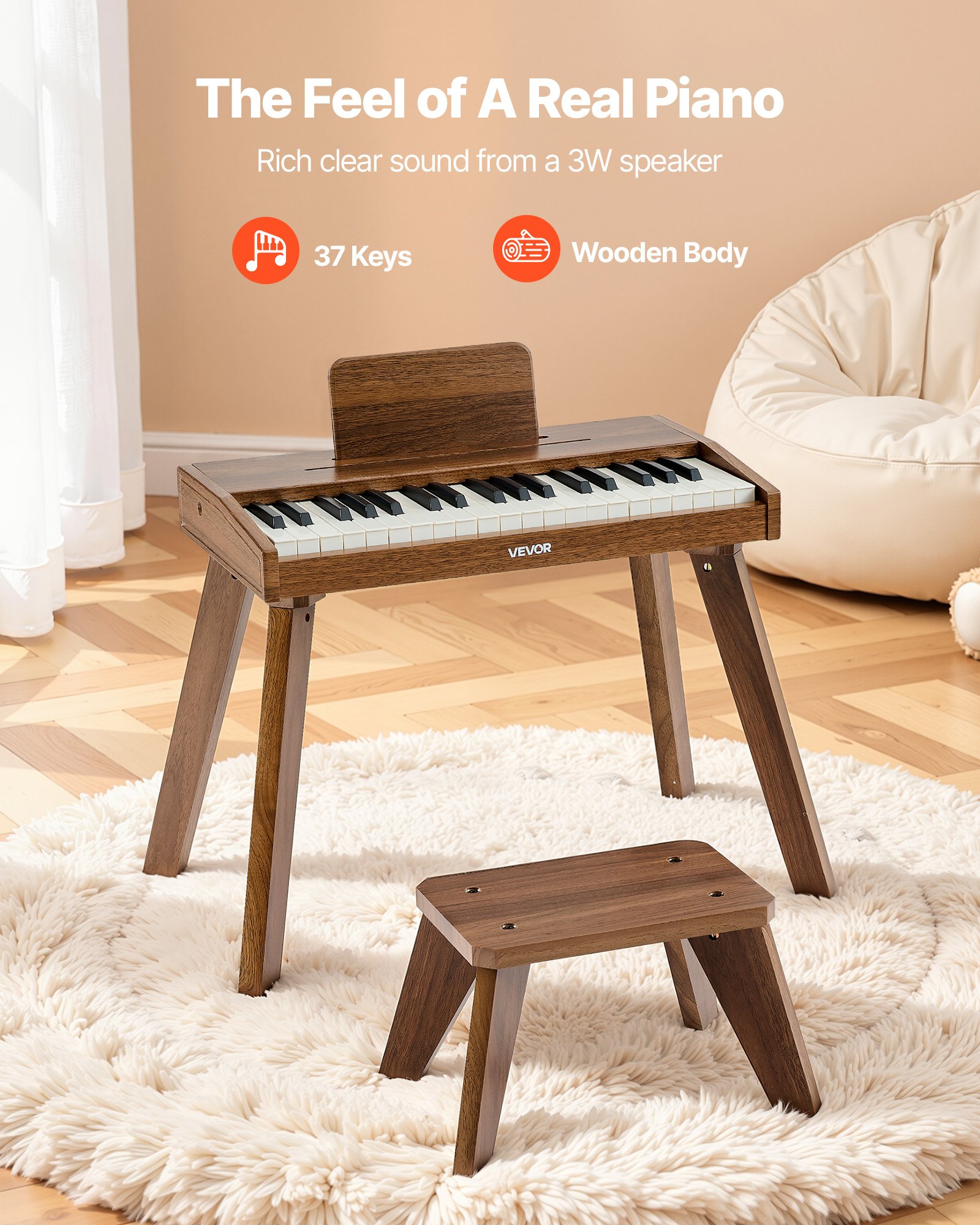 VEVOR Kinderkeyboard, 37 toetsen, houten digitale piano voor kinderen vanaf 3 jaar, mini muziekinstrumentenset met krukje, realistisch geluid, dubbele voeding, regelbaar volume, walnoot