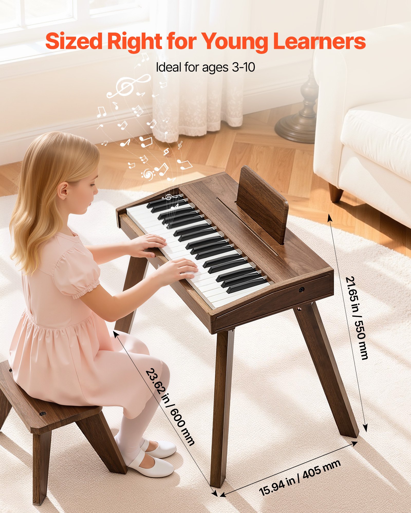 VEVOR Kinderkeyboard, 37 toetsen, houten digitale piano voor kinderen vanaf 3 jaar, mini muziekinstrumentenset met krukje, realistisch geluid, dubbele voeding, regelbaar volume, walnoot