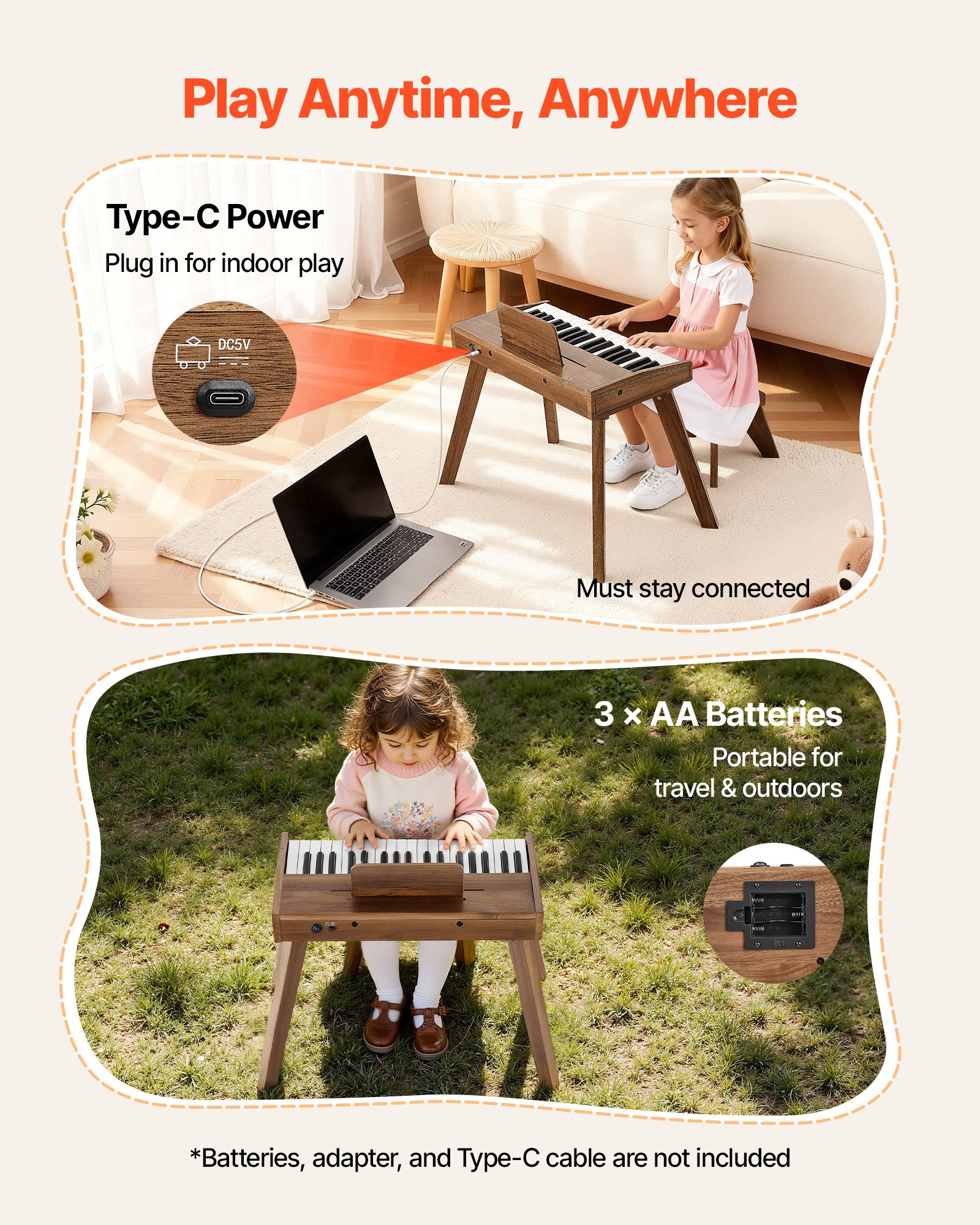 VEVOR Kinderkeyboard, 37 toetsen, houten digitale piano voor kinderen vanaf 3 jaar, mini muziekinstrumentenset met krukje, realistisch geluid, dubbele voeding, regelbaar volume, walnoot