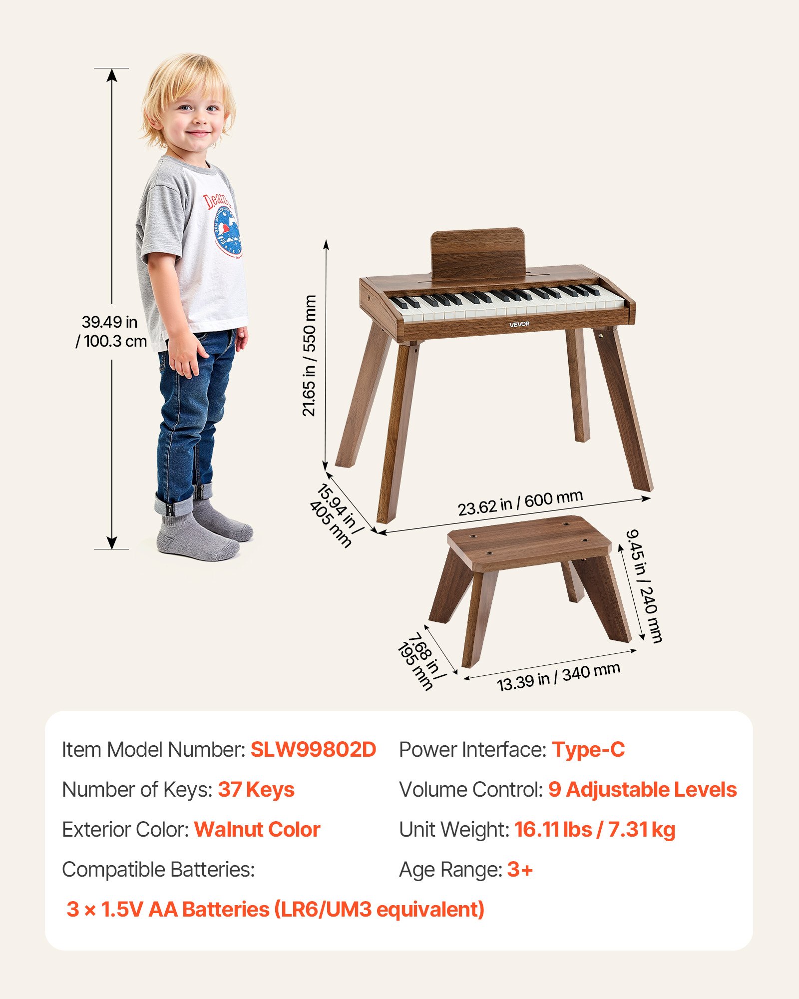 VEVOR Kinderkeyboard, 37 toetsen, houten digitale piano voor kinderen vanaf 3 jaar, mini muziekinstrumentenset met krukje, realistisch geluid, dubbele voeding, regelbaar volume, walnoot