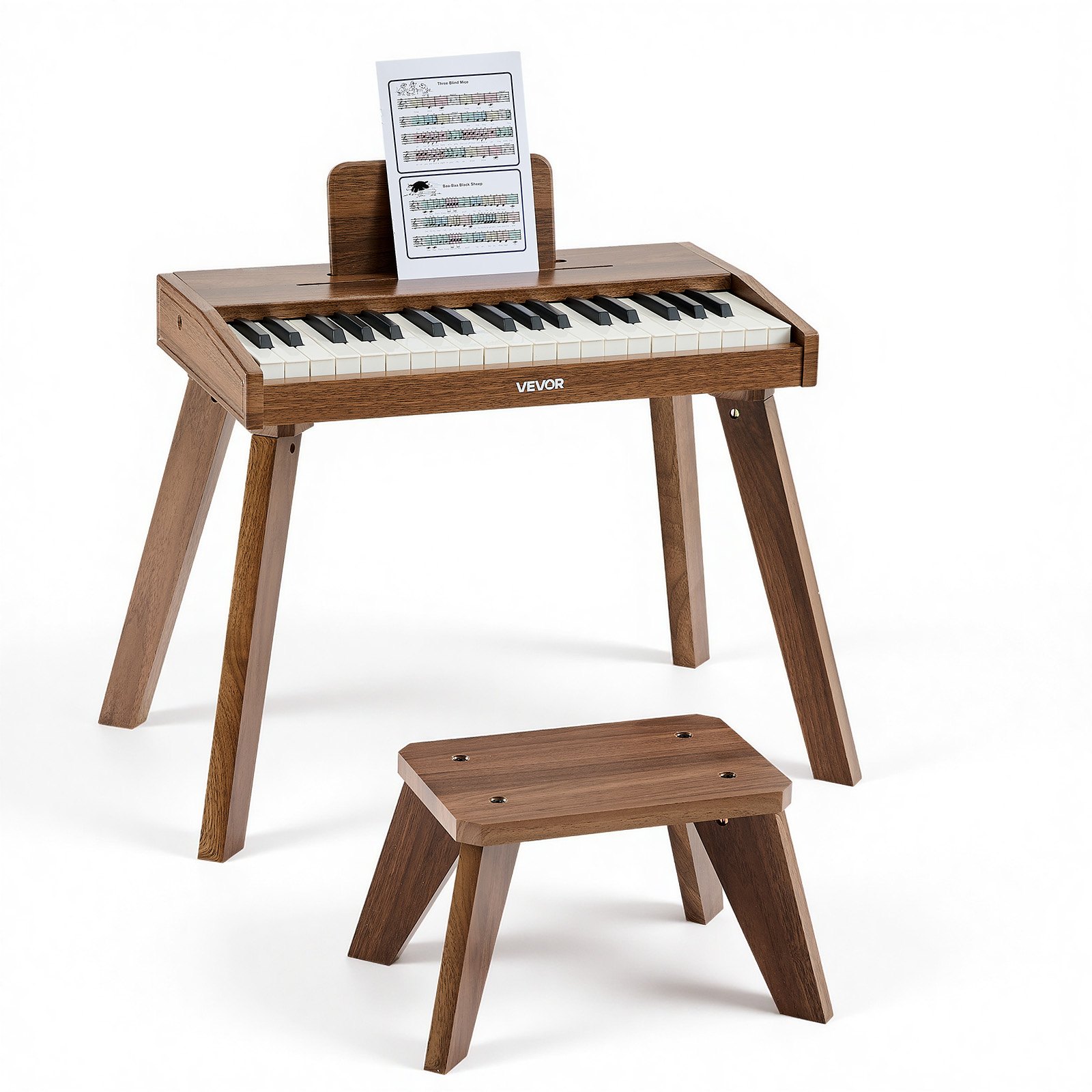 VEVOR Kinderkeyboard, 37 toetsen, houten digitale piano voor kinderen vanaf 3 jaar, mini muziekinstrumentenset met krukje, realistisch geluid, dubbele voeding, regelbaar volume, walnoot