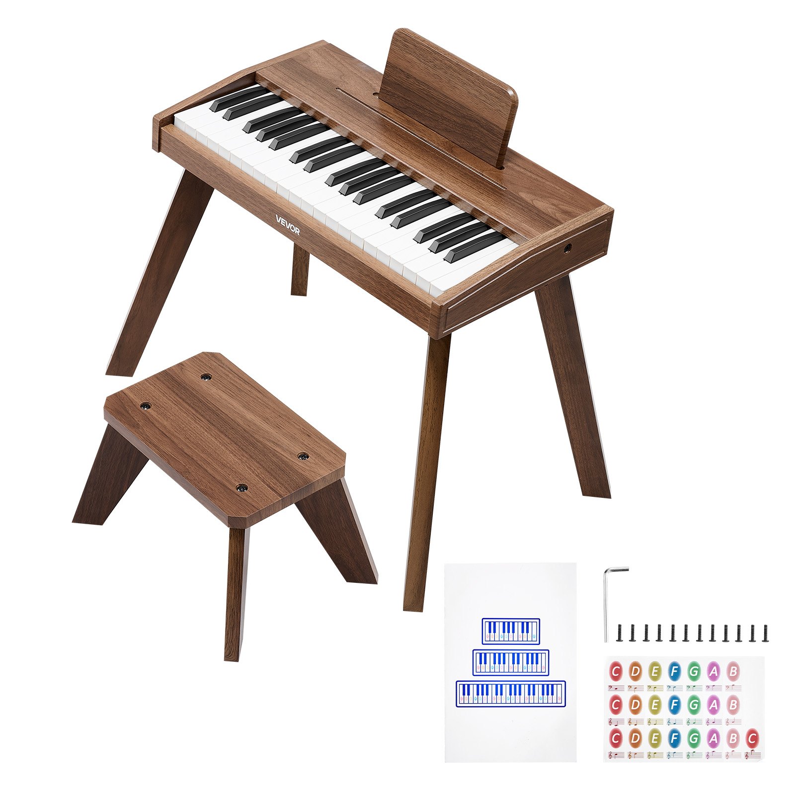VEVOR Kinderkeyboard, 37 toetsen, houten digitale piano voor kinderen vanaf 3 jaar, mini muziekinstrumentenset met krukje, realistisch geluid, dubbele voeding, regelbaar volume, walnoot