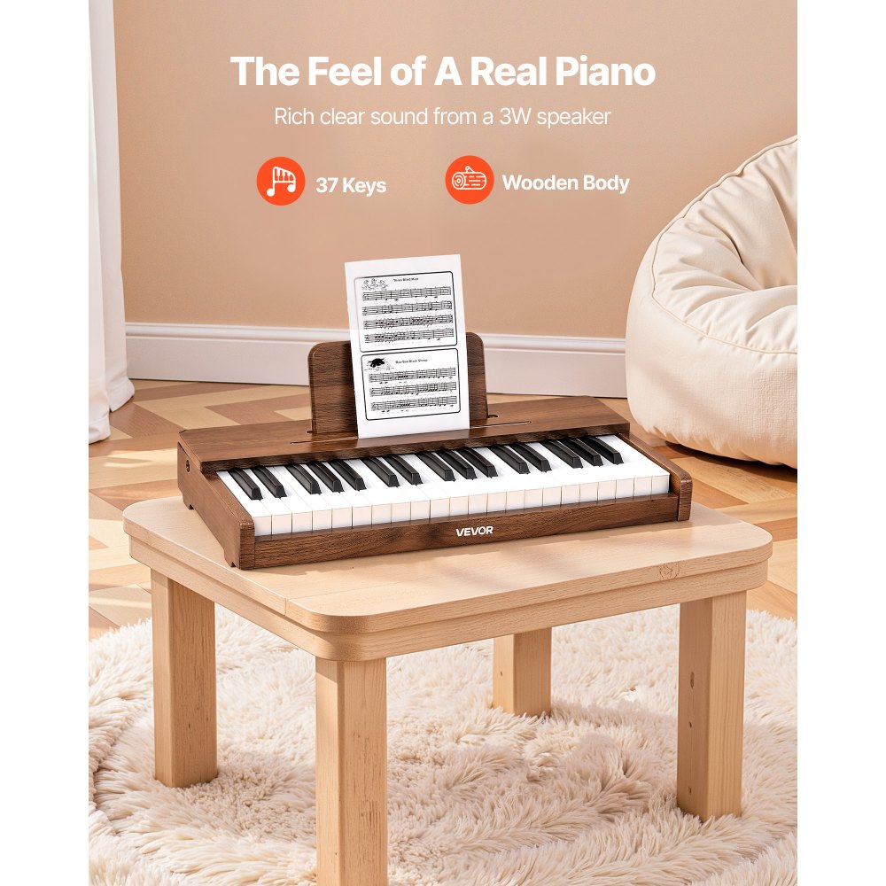 VEVOR Kinderkeyboard, 37 toetsen, digitale houten piano voor kinderen vanaf 3 jaar, mini-muziekinstrument met realistisch geluid, dubbele voeding, regelbaar volume, vroege muzikale educatie, walnoot
