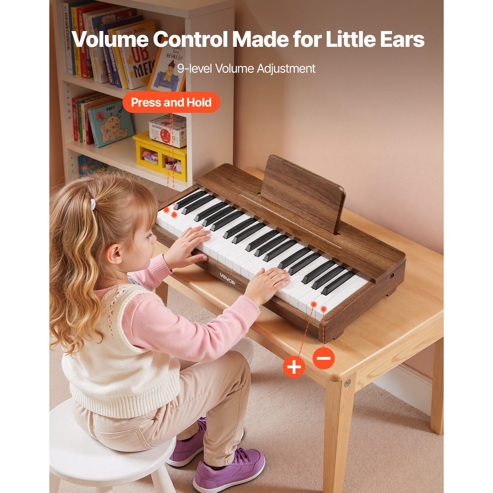 VEVOR Kinderkeyboard, 37 toetsen, digitale houten piano voor kinderen vanaf 3 jaar, mini-muziekinstrument met realistisch geluid, dubbele voeding, regelbaar volume, vroege muzikale educatie, walnoot
