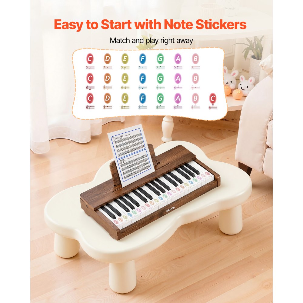 VEVOR Kinderkeyboard, 37 toetsen, digitale houten piano voor kinderen vanaf 3 jaar, mini-muziekinstrument met realistisch geluid, dubbele voeding, regelbaar volume, vroege muzikale educatie, walnoot