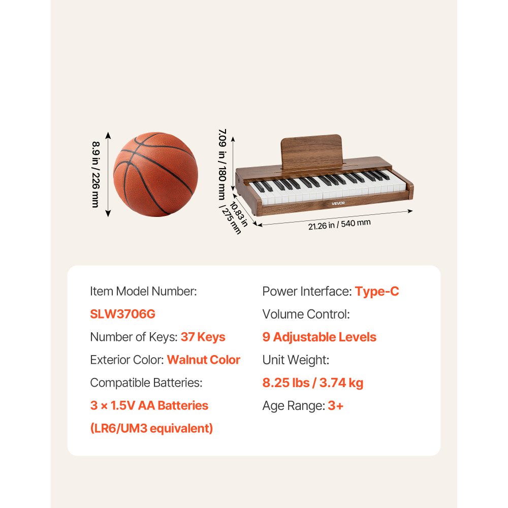 VEVOR Kinderkeyboard, 37 toetsen, digitale houten piano voor kinderen vanaf 3 jaar, mini-muziekinstrument met realistisch geluid, dubbele voeding, regelbaar volume, vroege muzikale educatie, walnoot
