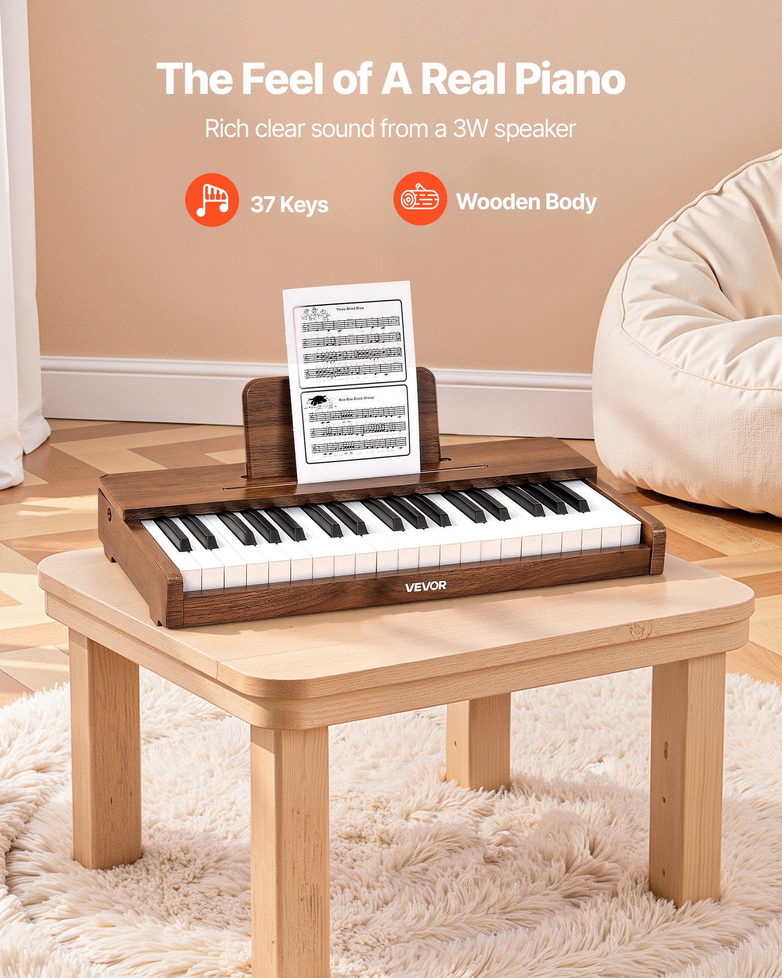 VEVOR Kinderkeyboard, 37 toetsen, digitale houten piano voor kinderen vanaf 3 jaar, mini-muziekinstrument met realistisch geluid, dubbele voeding, regelbaar volume, vroege muzikale educatie, walnoot