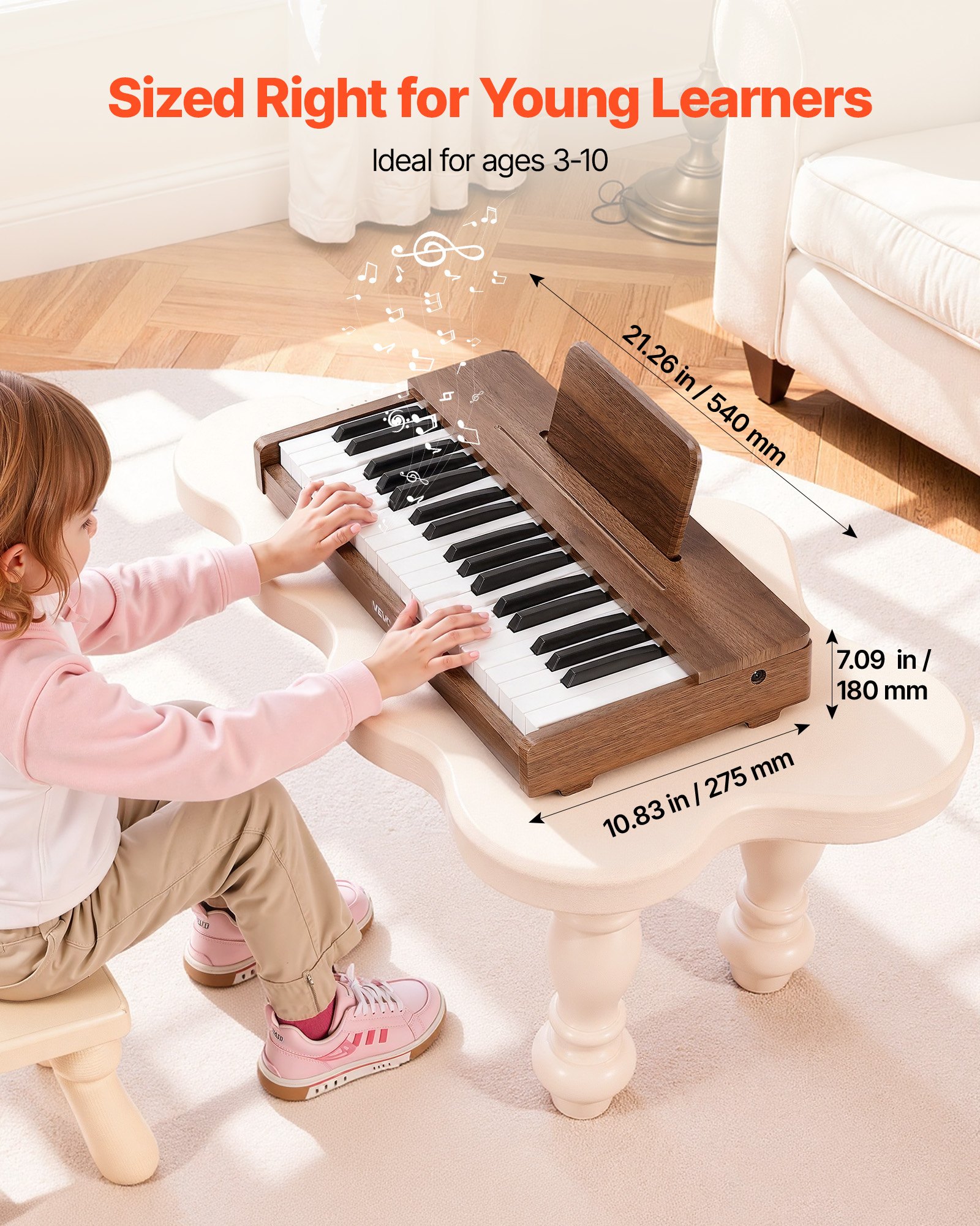 VEVOR Kinderkeyboard, 37 toetsen, digitale houten piano voor kinderen vanaf 3 jaar, mini-muziekinstrument met realistisch geluid, dubbele voeding, regelbaar volume, vroege muzikale educatie, walnoot