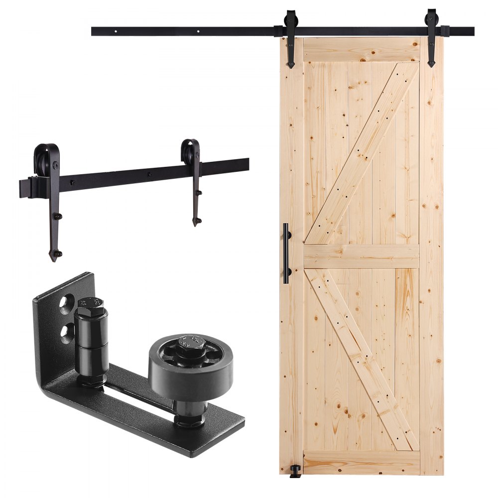 VEVOR barn door kit with wooden door, black metal rail, rollers, and floor guide for easy installation.