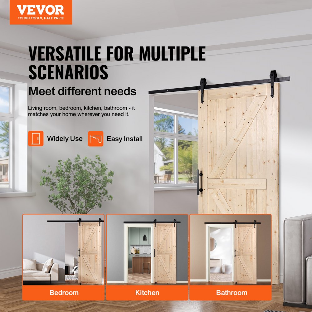 VEVOR schuifdeurset met beslag, 91,4 x 213,4 cm, houten schuifpoort, soepele en stille werking, schuifdeurset met 8-in-1 vloergeleider en deurklink, paneel van sparrenhout