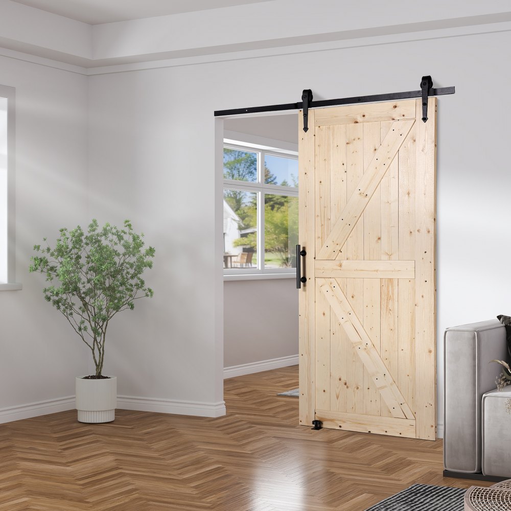 VEVOR schuifdeurset met beslag, 91,4 x 213,4 cm, houten schuifpoort, soepele en stille werking, schuifdeurset met 8-in-1 vloergeleider en deurklink, paneel van sparrenhout