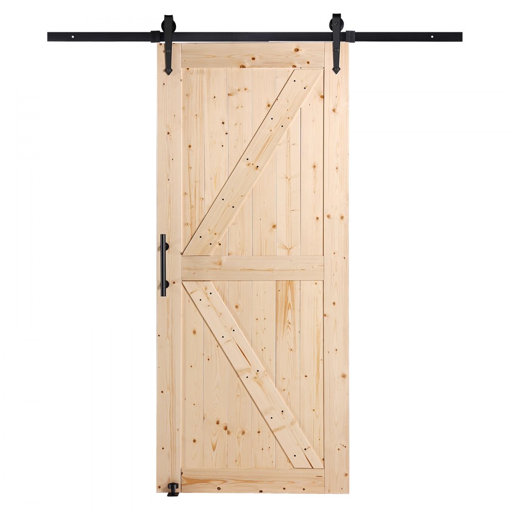 VEVOR schuifdeurset met beslag, 91,4 x 213,4 cm, houten schuifpoort, soepele en stille werking, schuifdeurset met 8-in-1 vloergeleider en deurklink, paneel van sparrenhout