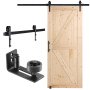 natural wood barn door with VEVOR barn door kit hardware in black with rail, rollers, and floor guide.