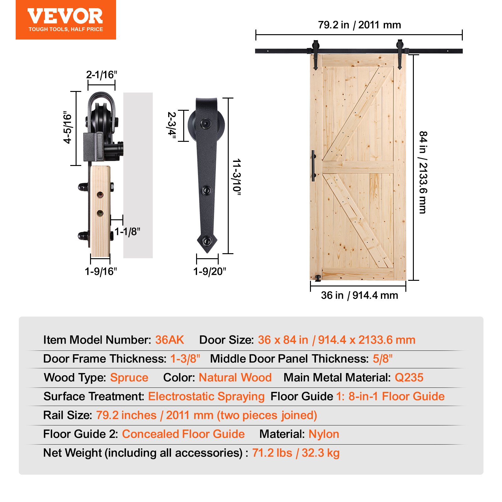 VEVOR schuifdeurset met beslag, 91,4 x 213,4 cm, houten schuifpoort, soepele en stille werking, schuifdeurset met 8-in-1 vloergeleider en deurklink, paneel van sparrenhout