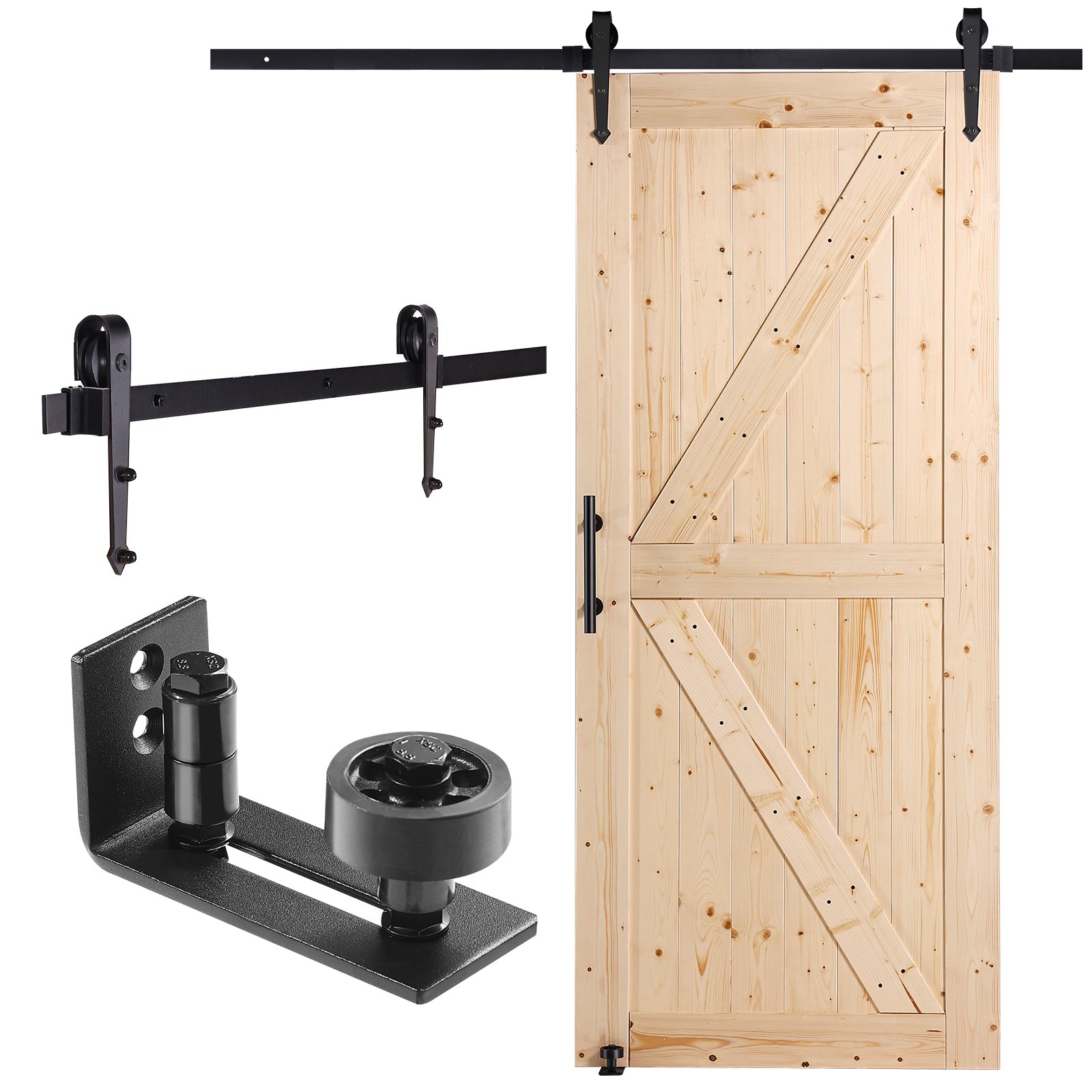 VEVOR schuifdeurset met beslag, 91,4 x 213,4 cm, houten schuifpoort, soepele en stille werking, schuifdeurset met 8-in-1 vloergeleider en deurklink, paneel van sparrenhout