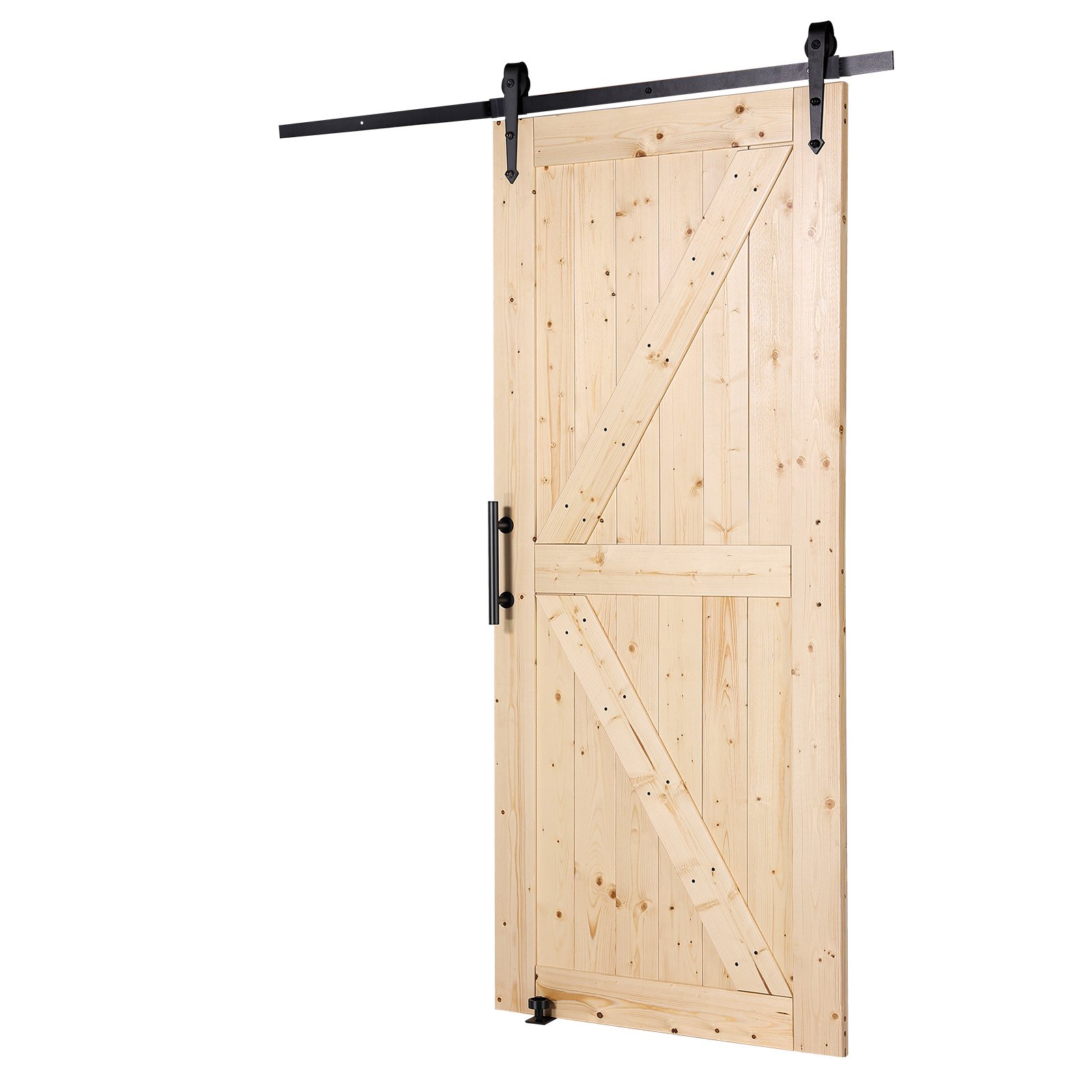 VEVOR schuifdeurset met beslag, 91,4 x 213,4 cm, houten schuifpoort, soepele en stille werking, schuifdeurset met 8-in-1 vloergeleider en deurklink, paneel van sparrenhout