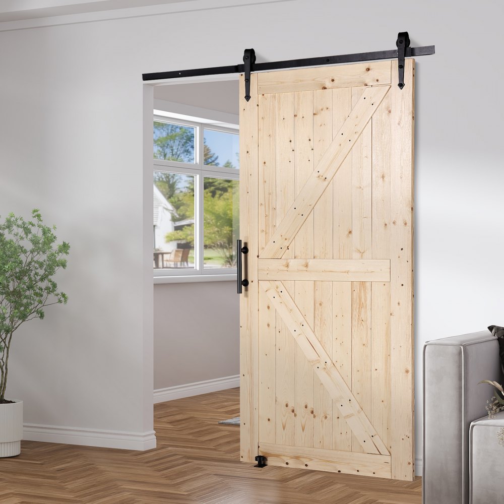 VEVOR Barn Door en Hardware Set Schuifdeursysteem, 1067 x 2134 mm Houten Glazen Schuifdeur, Stille Barn Door Kit met 8-in-1 Vloergeleider en Deurgreep, Sparrenhouten Paneel, voor Woonkamer etc.