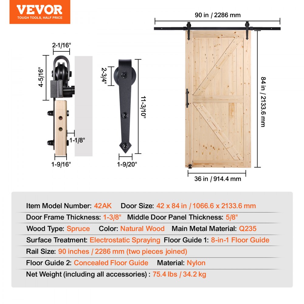 VEVOR schuifdeurset met beslag, 1067 x 2134 mm, houten en glazen schuifdeur, geluidsarm, schuifdeurset met 8-in-1 vloergeleider en deurklink, paneel van sparrenhout, voor woonkamer etc.