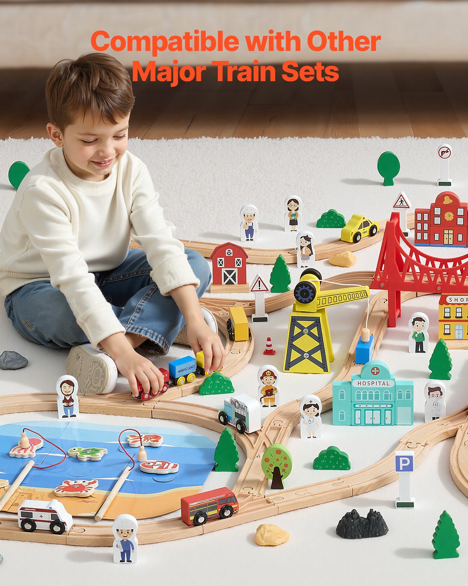 VEVOR Houten Treinset, 39-delig, treinspeelgoed met magnetische treinen en accessoires, compatibel met de meeste merken, miniatuurstadontwerp, kerst- en verjaardagscadeau voor kinderen vanaf 3 jaar