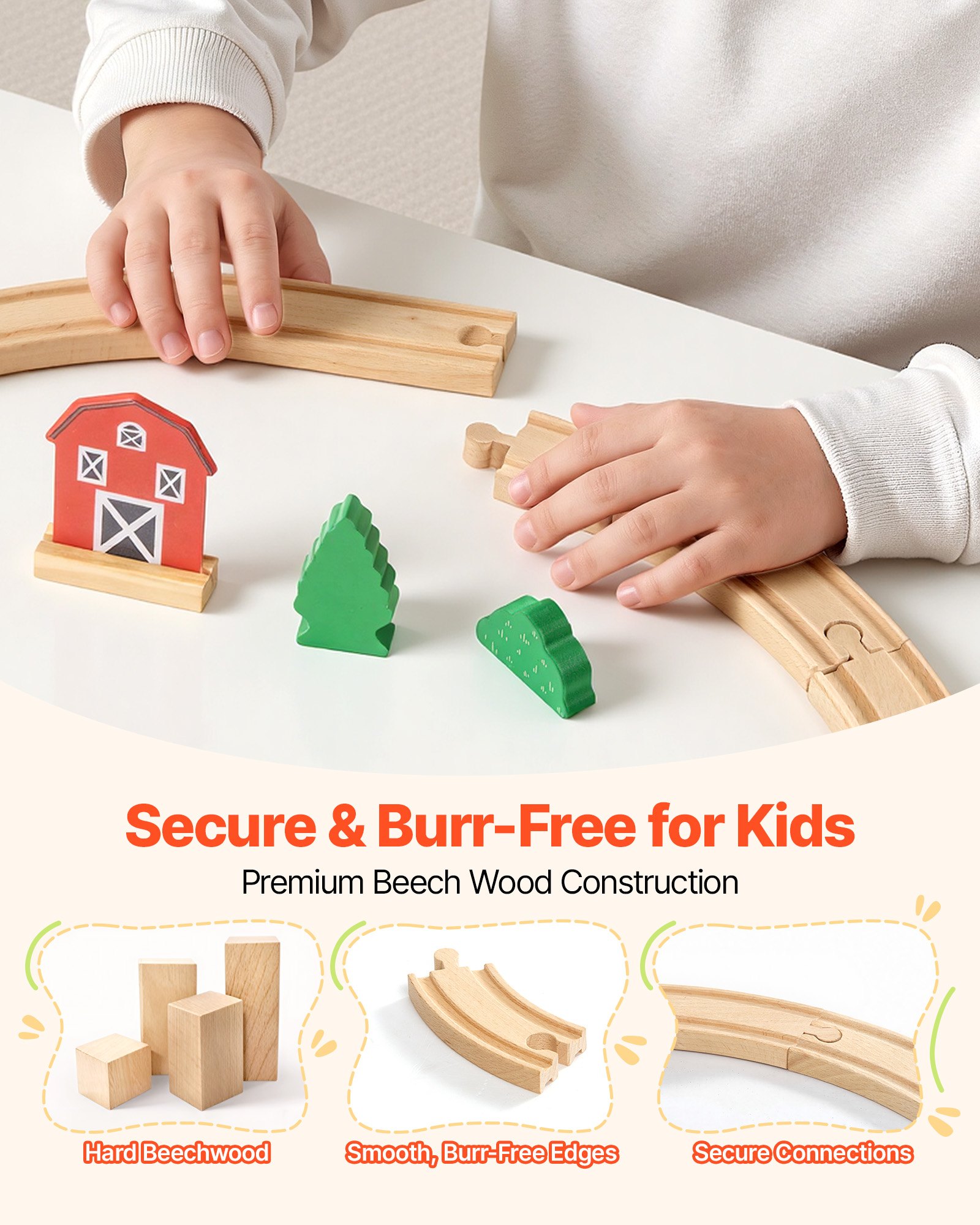 VEVOR Houten Treinset, 39-delig, treinspeelgoed met magnetische treinen en accessoires, compatibel met de meeste merken, miniatuurstadontwerp, kerst- en verjaardagscadeau voor kinderen vanaf 3 jaar