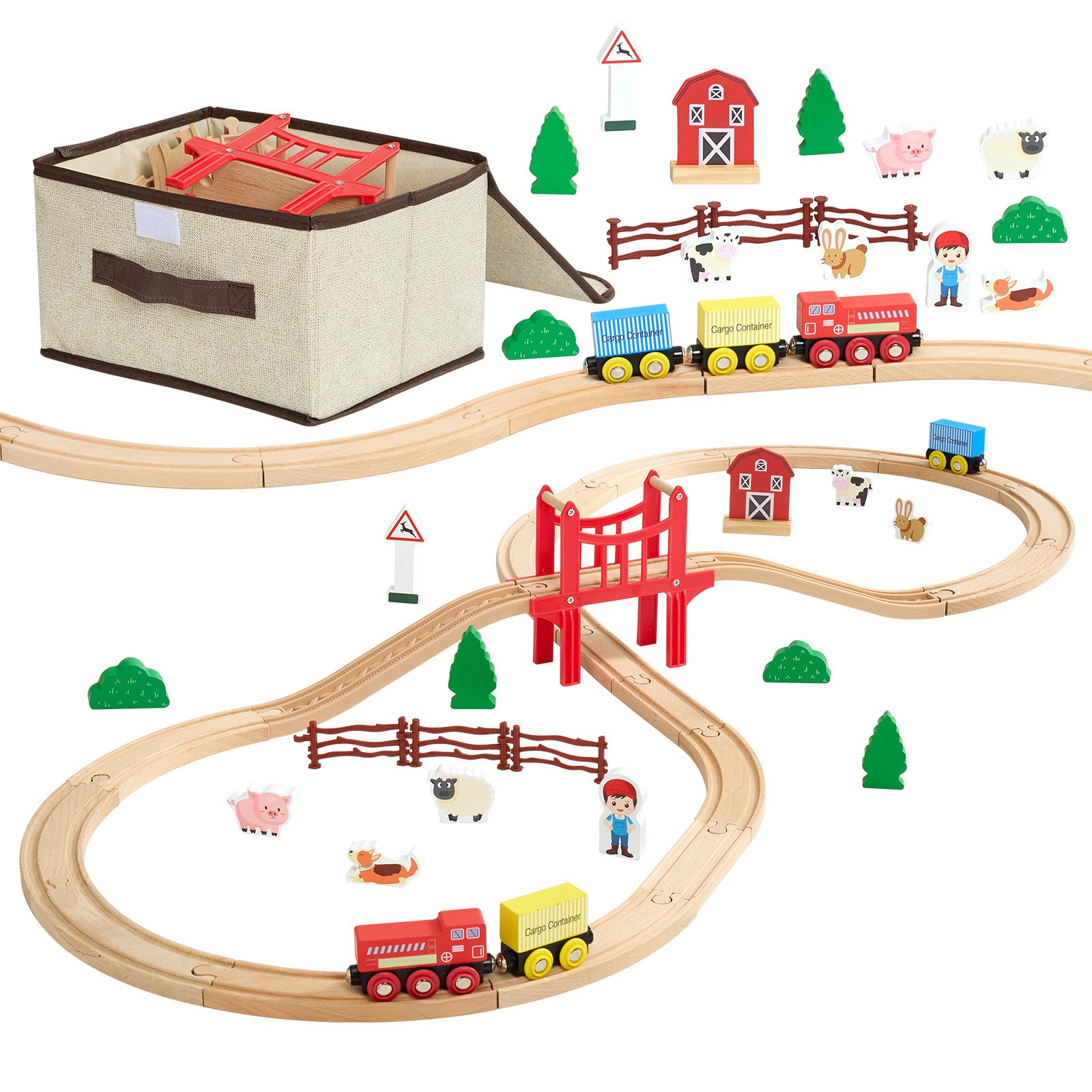 VEVOR Houten Treinset, 39-delig, treinspeelgoed met magnetische treinen en accessoires, compatibel met de meeste merken, miniatuurstadontwerp, kerst- en verjaardagscadeau voor kinderen vanaf 3 jaar