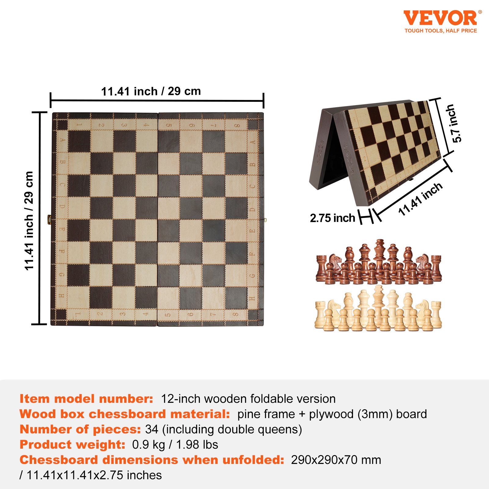 VEVOR Magnetisch Houten Schaakspel, 29 x 29 cm Schaakspel, Opvouwbaar Schaakbordspel met Schaakstukken, Opvouwbaar Schaakspel, Set voor Feestelijke Familie-activiteiten, Reisschaakspel, Kinderen