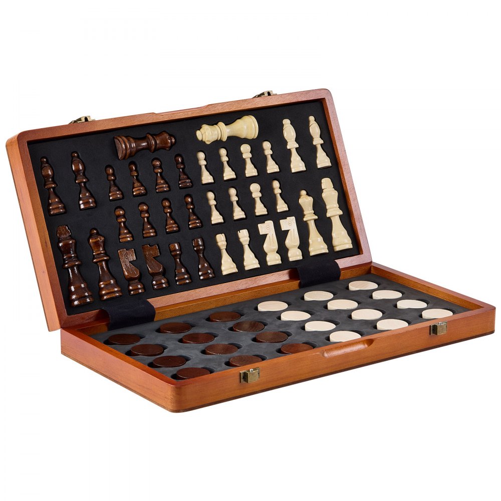 VEVOR Magnetische houten schaakset, 2-in-1 schaakspelset, opvouwbare schaakbordspellen voor volwassenen en kinderen, draagbare reiscadeauschaakset voor toernooien, professionele beginners