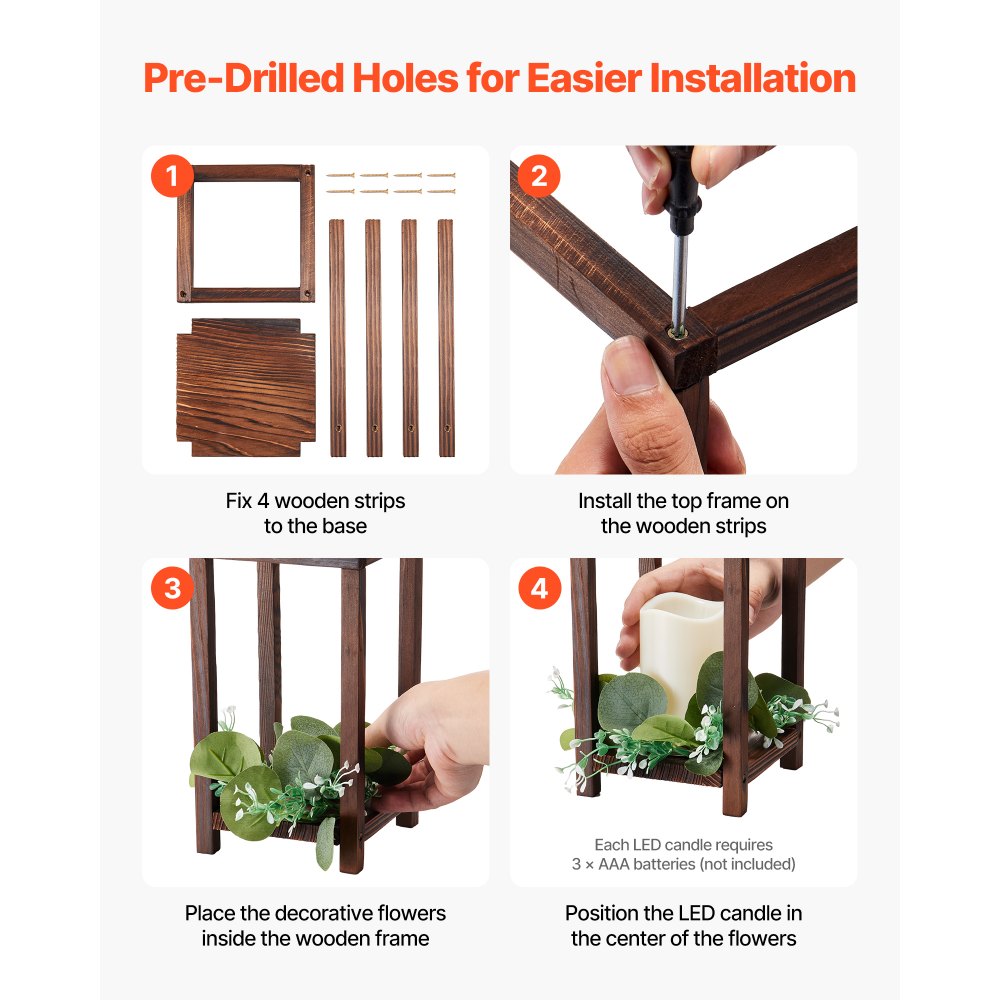 VEVOR 12 Set/36 Pcs Wooden Wedding Lantern Centerpiece, Includes 12 Wooden Lantern Candle Holder 12 Flameless LED Candle 12 Eucalyptus Leaves Wreath for Wedding Table Party Farmhouse Decor, Brown