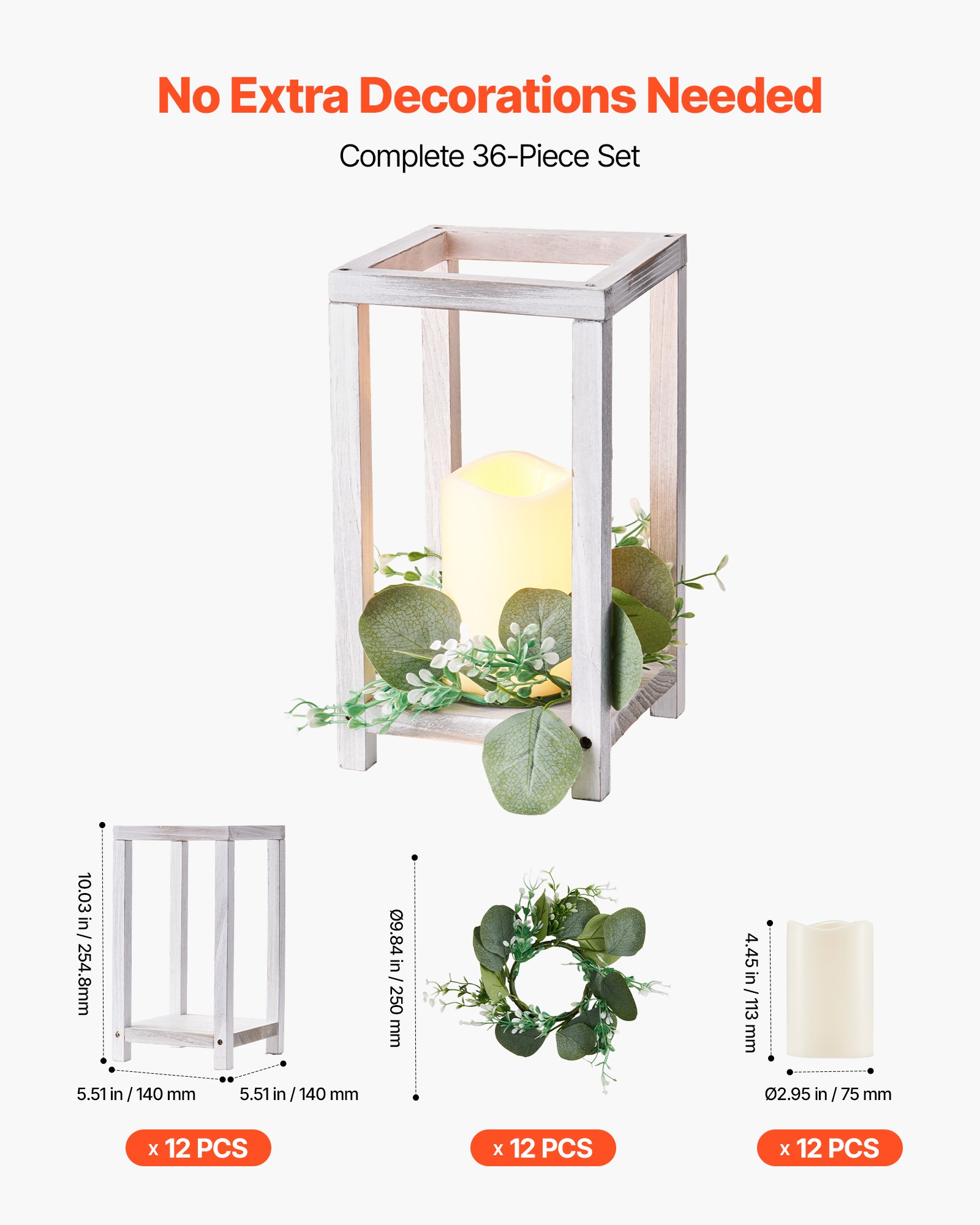 VEVOR 12-delige set, houten lantaarns, inclusief 12 houten lantaarnkaarshouders, 12 vlamloze LED-kaarsen en 12 eucalyptusbladkransen voor bruiloftstafels, feesten en boerderijdecoratie, wit