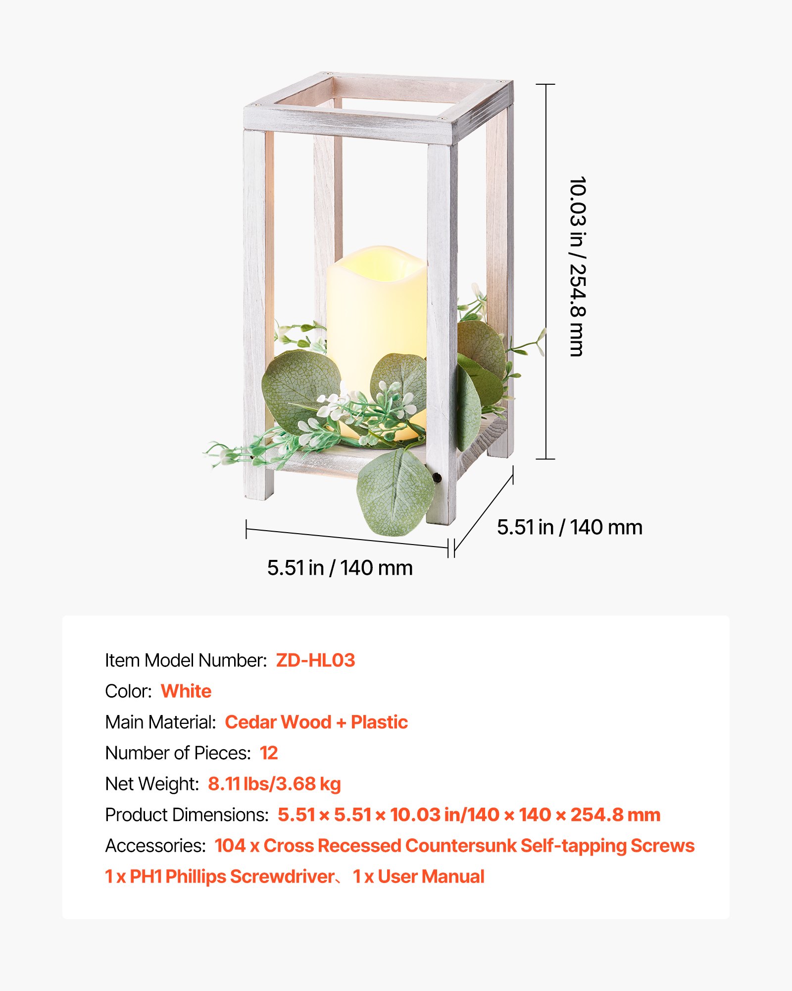 VEVOR 12-delige set, houten lantaarns, inclusief 12 houten lantaarnkaarshouders, 12 vlamloze LED-kaarsen en 12 eucalyptusbladkransen voor bruiloftstafels, feesten en boerderijdecoratie, wit