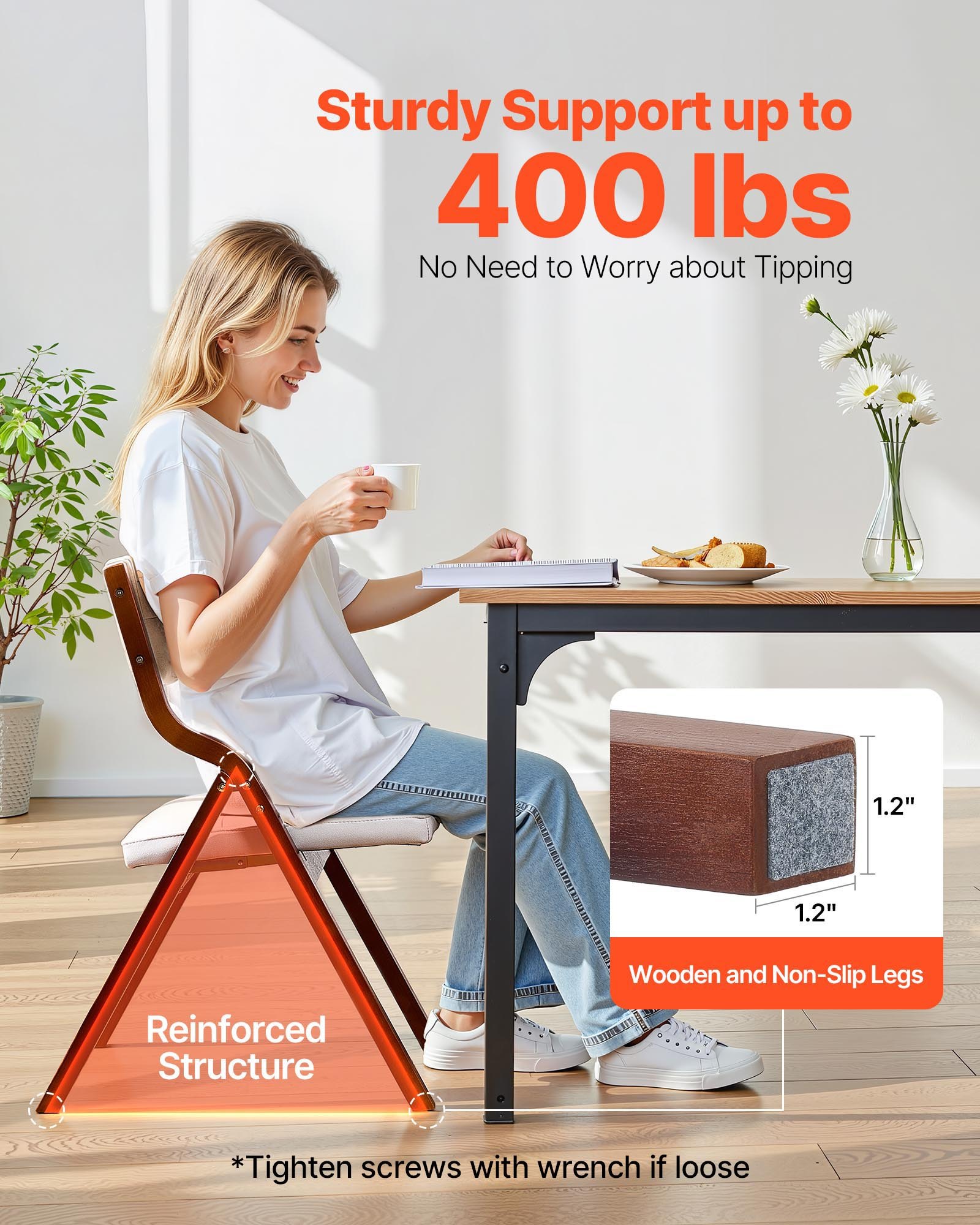 VEVOR Opvouwbare tuinstoel met gevoerd kussen en houten frame, 2 stuks, moderne eetkamerstoel voor keuken, kantoor, feest, keukenstoel, draagvermogen tot 180 kg (per stuk), opvouwbaar, bruin + wit, ruimtebesparend