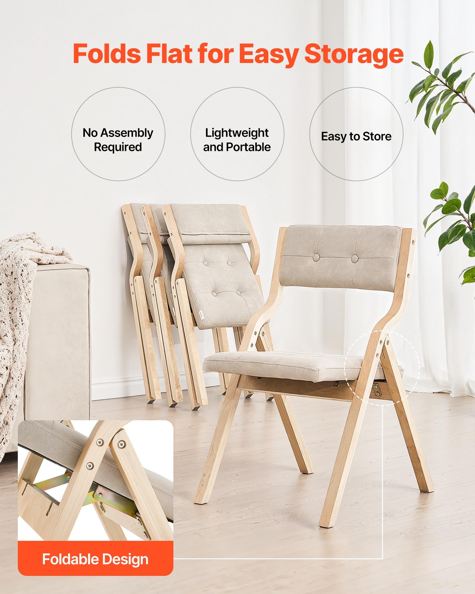 VEVOR Wooden Folding Chairs with Cushion, Set of 2, Portable Foldable Cushion Chair with Wooden Frame, Modern Padded Dining Chair for Kitchen, Office, Wedding, Party, Dining Room, Easy Assembly, Beige