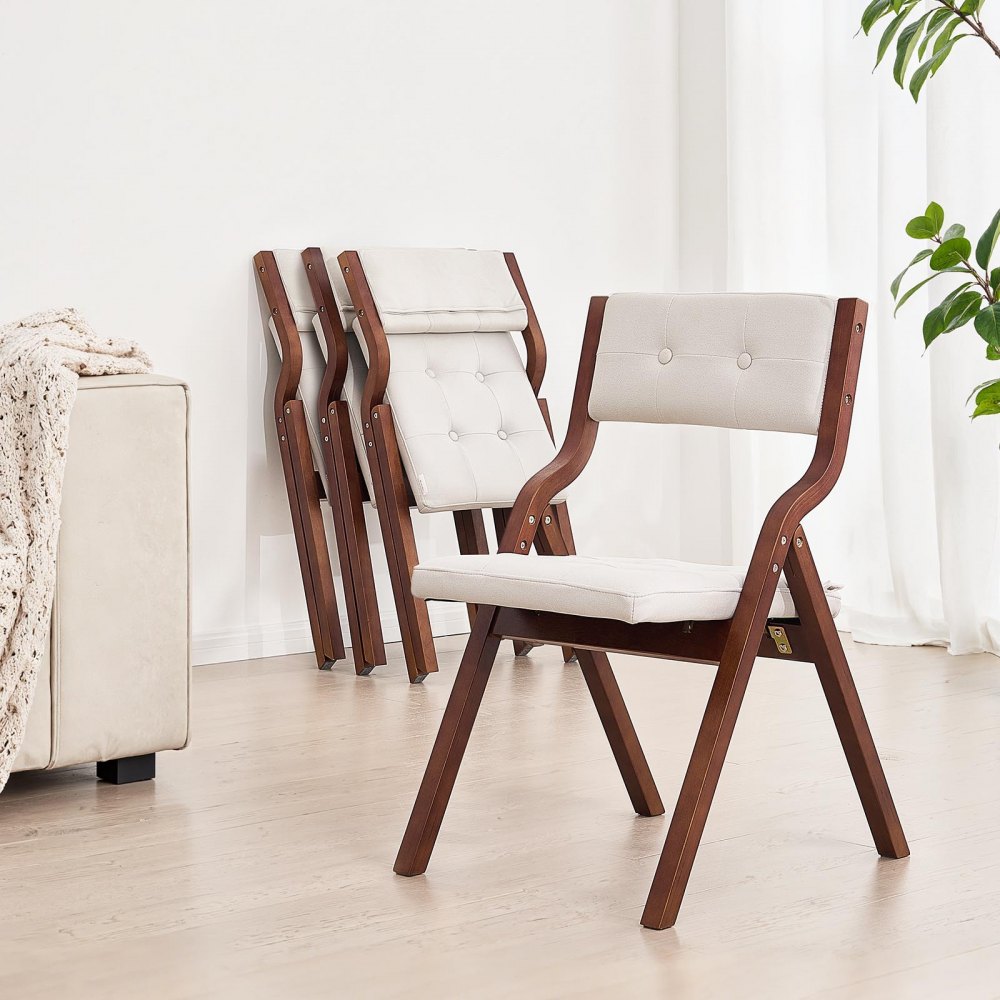 VEVOR opklapbare tuinstoel met gewatteerd kussen en houten frame, set van 4, moderne eetkamerstoel voor keuken, kantoor, feestjes, keukenstoel, draagvermogen tot 180 kg (per stuk), opvouwbaar, bruin + wit, ruimtebesparend