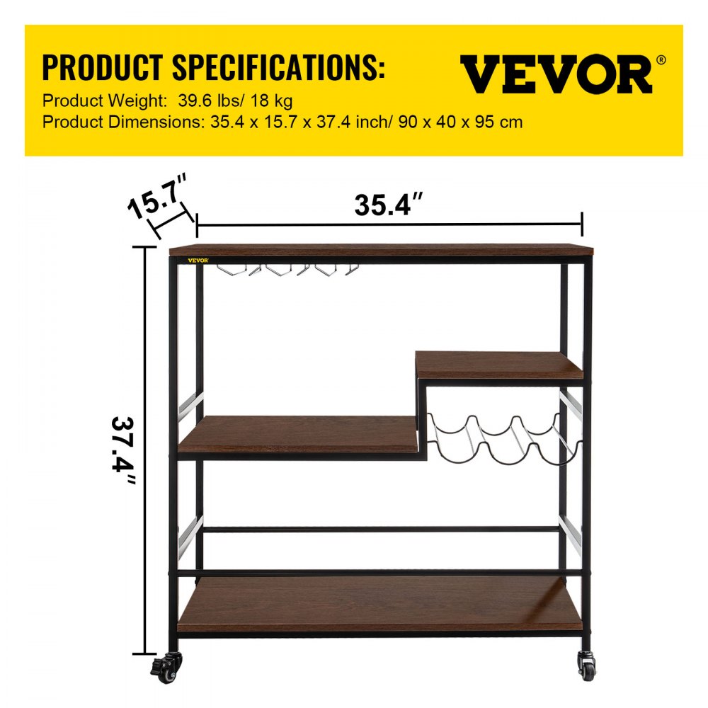 VEVOR Bar Winkelwagen 90 x 40 x 95 cm Drankjes Trolley Bruin en Zwart Wijnrek Wielen met 3 Eiken Lagen, 4 Universele Wielen en 100 kg Laadvermogen Gebruikt in de Keuken, Woonkamer of voor Feest, enz