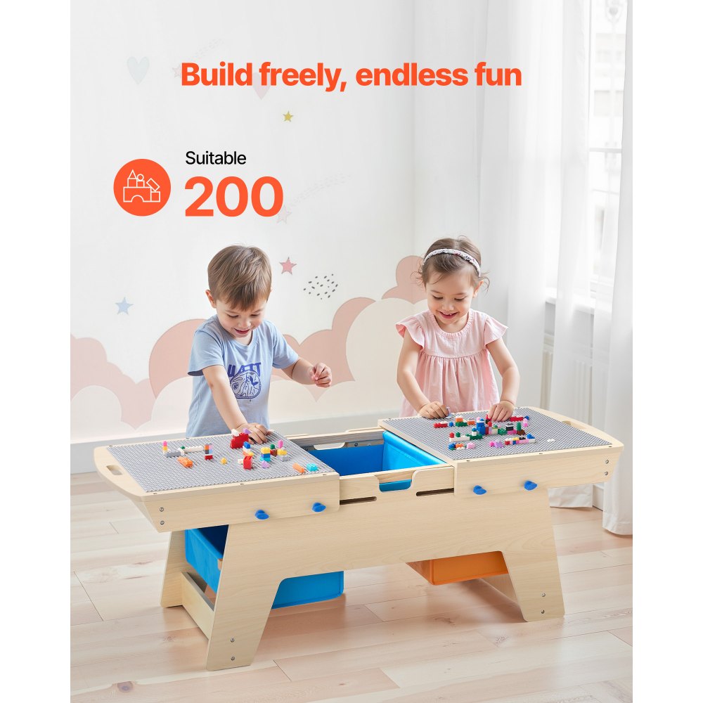 VEVOR Kids Reversible Wooden Activity Table, Multi-Purpose Activity Play Table with 200 Building Bricks & 3 Storage Bins for Kids 3+ Years, Large Storage Space, Present for Boys & Girls, Natural
