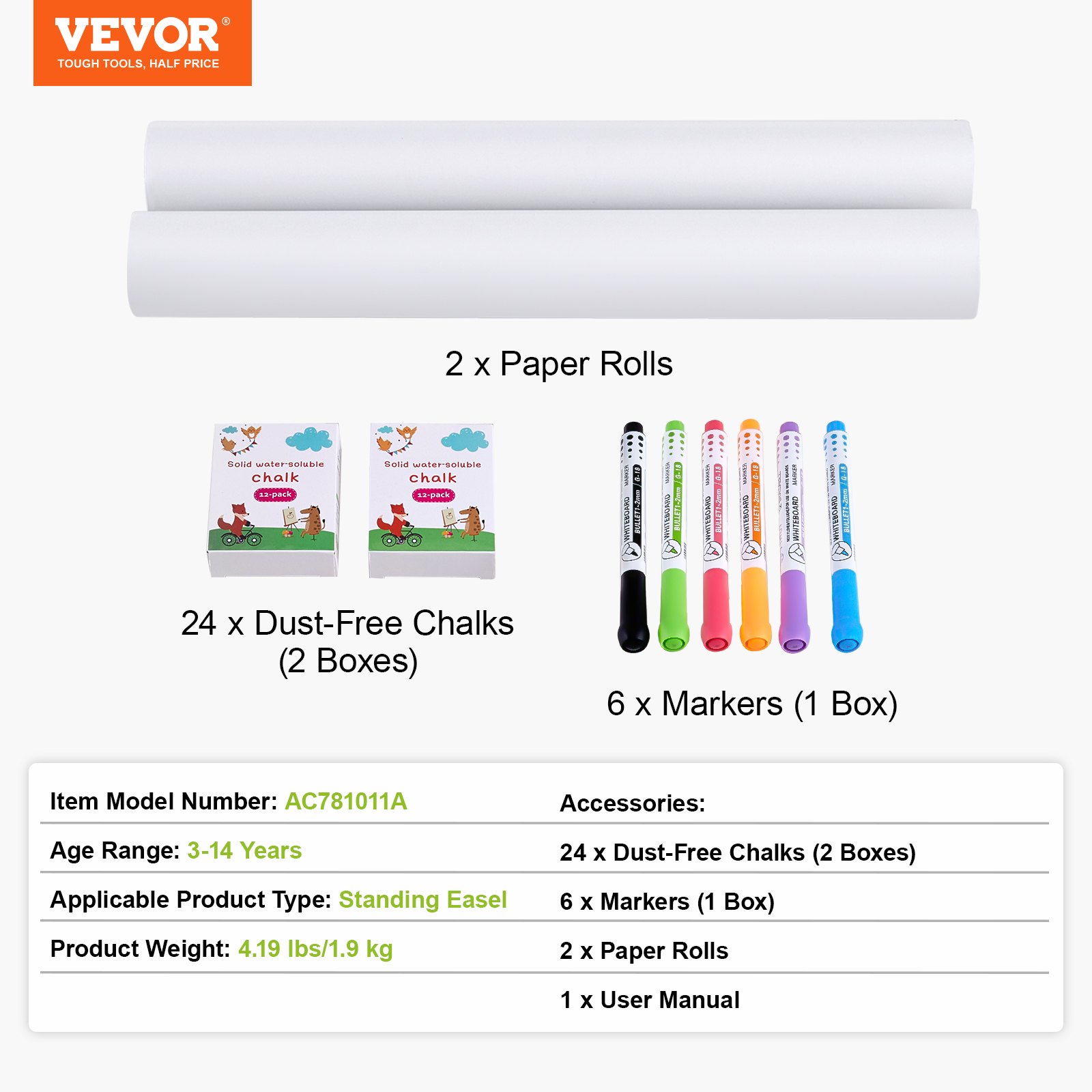 VEVOR Ezel-accessoireset, 32-delige kunst-ezel-schilderset voor kinderen, inclusief kleurpotloden, whiteboard-markers en papierrollen, accessoireset voor staande kunst-ezel, schilderbenodigdheden