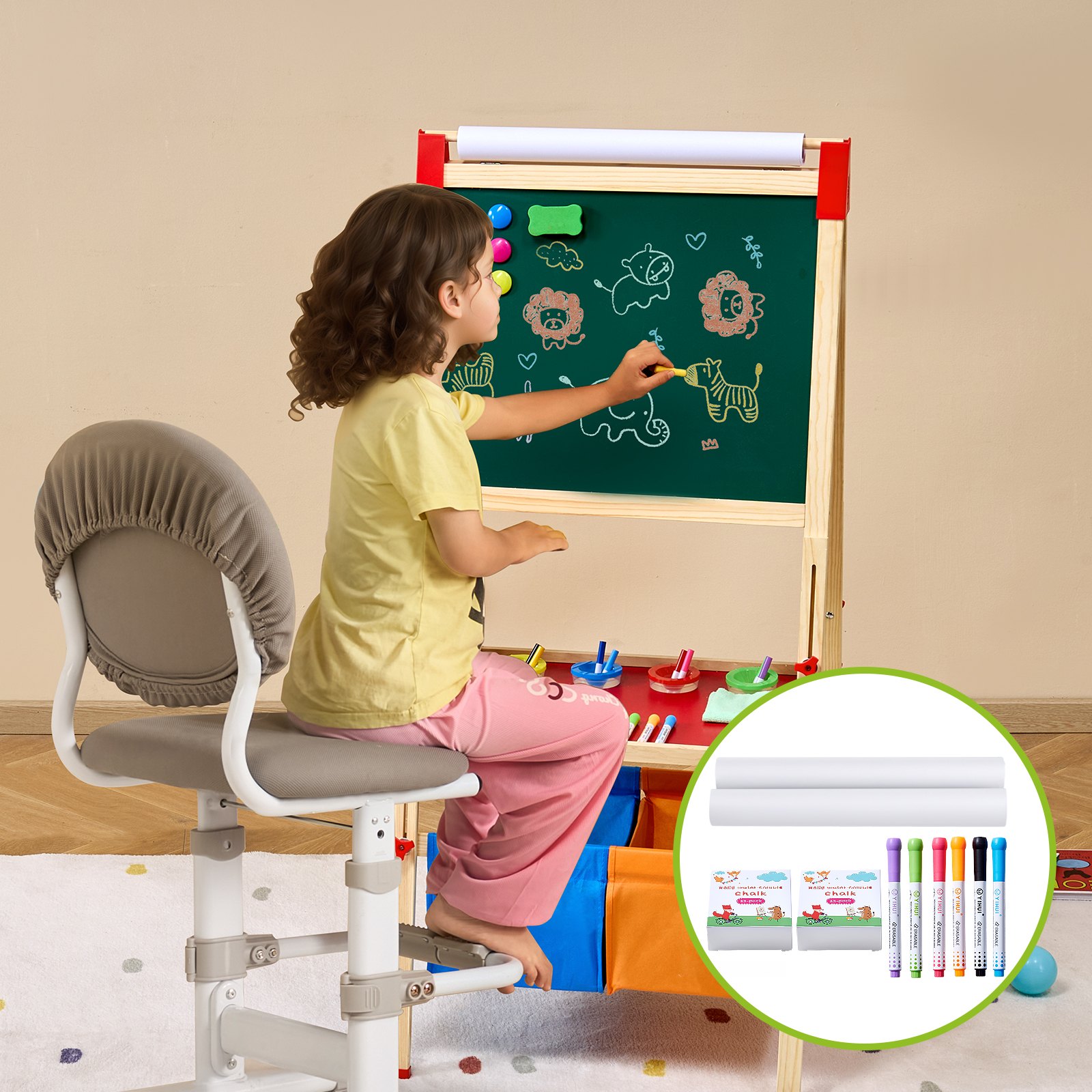 VEVOR Ezel-accessoireset, 32-delige kunst-ezel-schilderset voor kinderen, inclusief kleurpotloden, whiteboard-markers en papierrollen, accessoireset voor staande kunst-ezel, schilderbenodigdheden