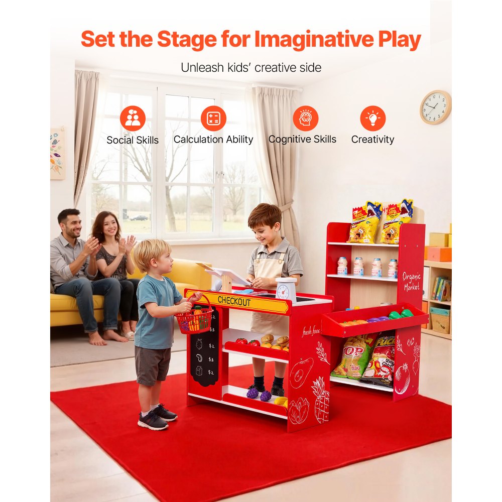 VEVOR Kids Grocery Store Playset, Wooden Play Store with Shopping Bag, Kids Supermarket Pretend Play Toy Set with Conveyor Belt, Scanner, Cash Register, Realistic Scale, Gift for Boys & Girls