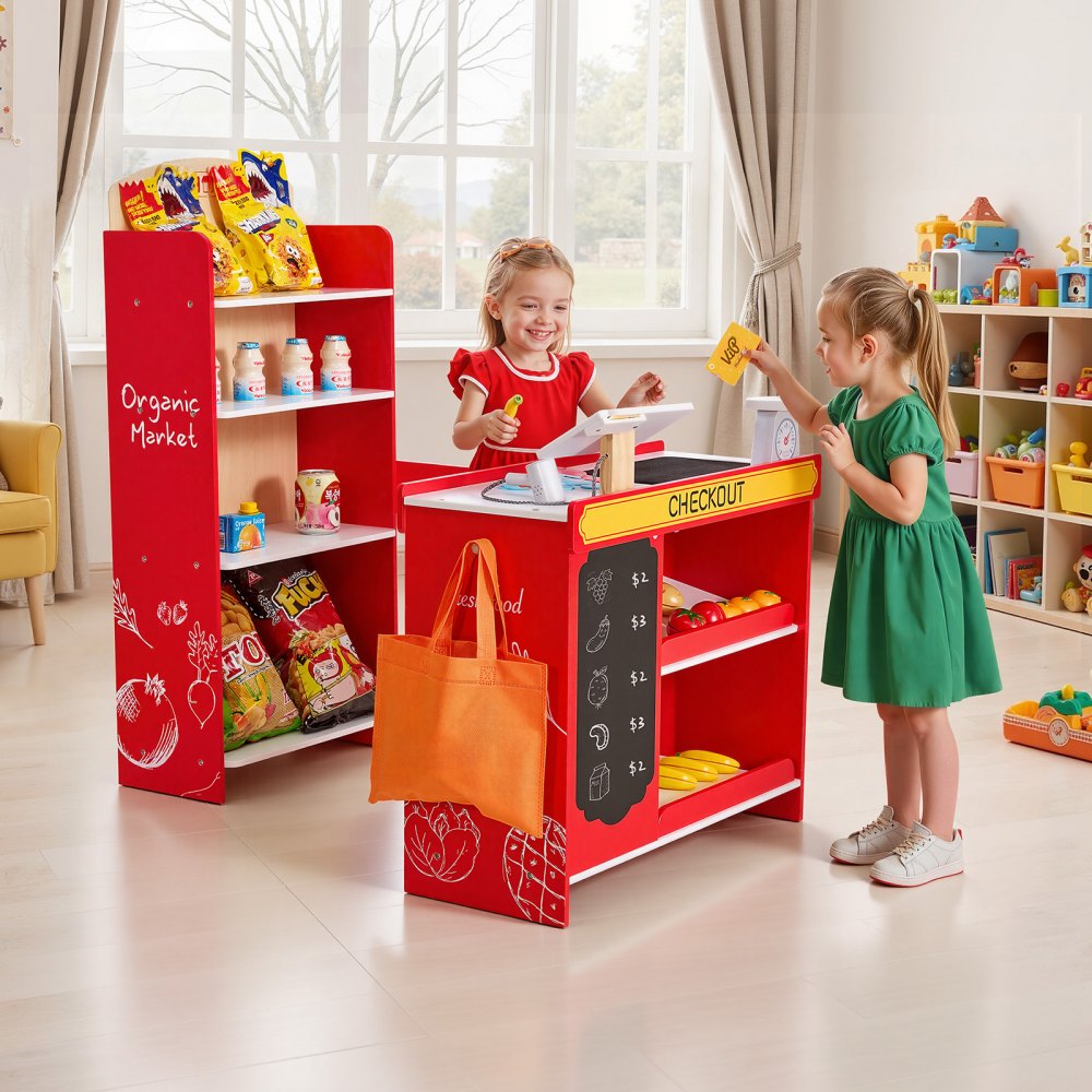 VEVOR Kids Grocery Store Playset, Wooden Play Store with Shopping Bag, Kids Supermarket Pretend Play Toy Set with Conveyor Belt, Scanner, Cash Register, Realistic Scale, Gift for Boys & Girls