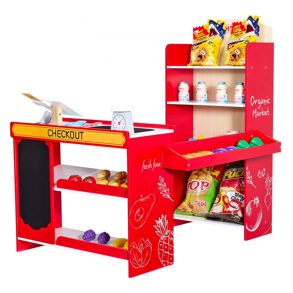 VEVOR Kids Grocery Store Playset, Wooden Play Store with Shopping Bag, Kids Supermarket Pretend Play Toy Set with Conveyor Belt, Scanner, Cash Register, Realistic Scale, Gift for Boys & Girls