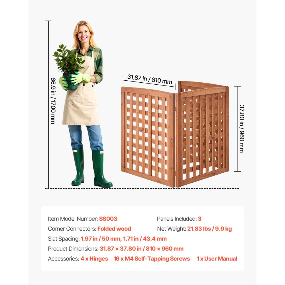 VEVOR Wooden Privacy Fence, 810 x 960 mm Air Conditioner Fence, 3 Panel Solid Outdoor Wood Privacy Screen with Adjustable Angle, Hinge-Reinforced Structure, Trash Can Hider Fences for Garden