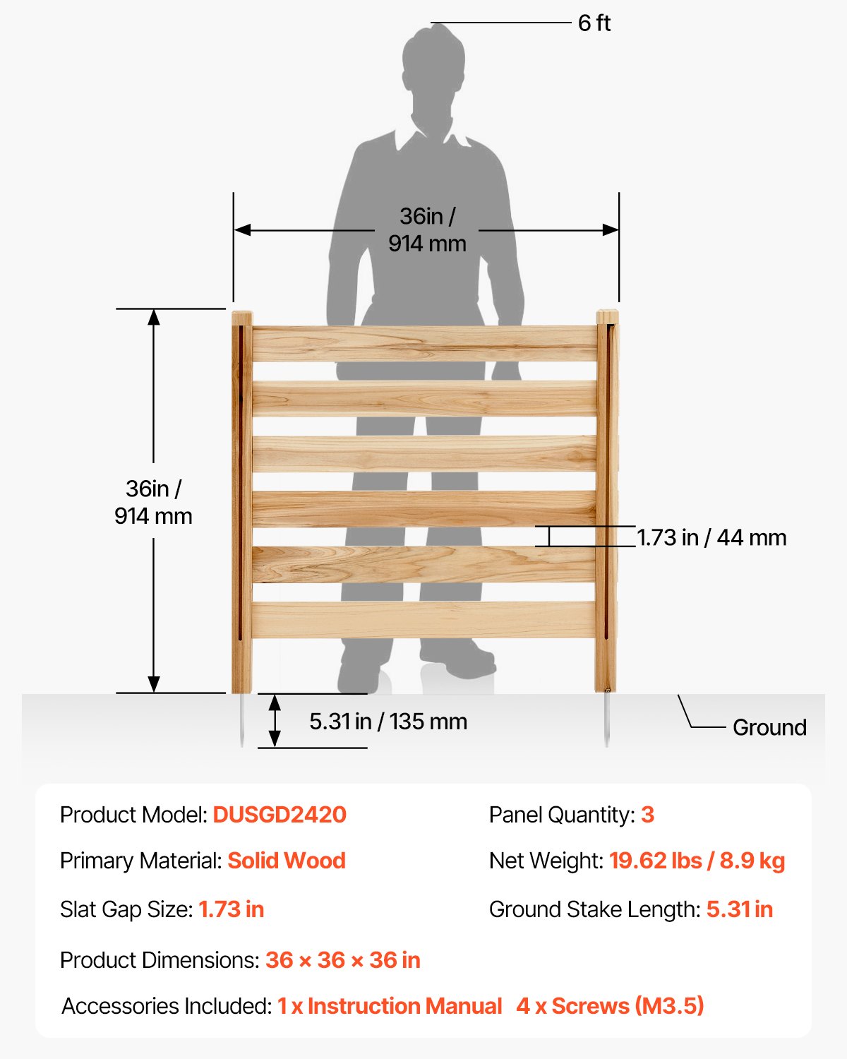 VEVOR Wood Privacy Fence, 36" W x 36" L, 3 Panel Slatted Air Conditioner Fence Screen, Pool Equipment Enclosure with Metal Stakes, Easy DIY Installation, Outdoor Trash Can Hider for Garden Decoration